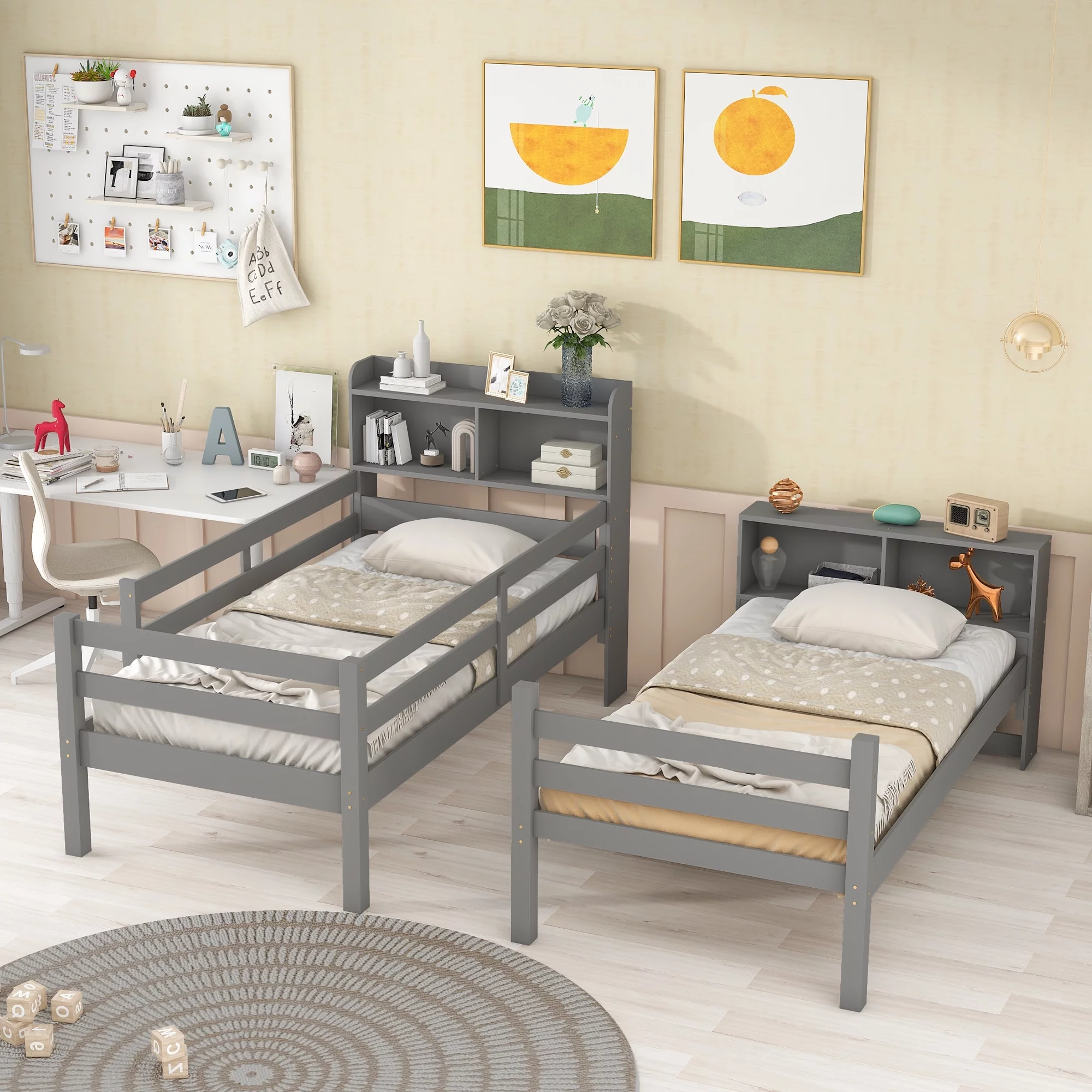 Multifunctional Twin Bunk Beds with Bookcase Headboard - Solid Wood Frame, Safety Rail, Ladder, and Convertible Design for Kids/Teens Bedroom or Guest Room,Gray