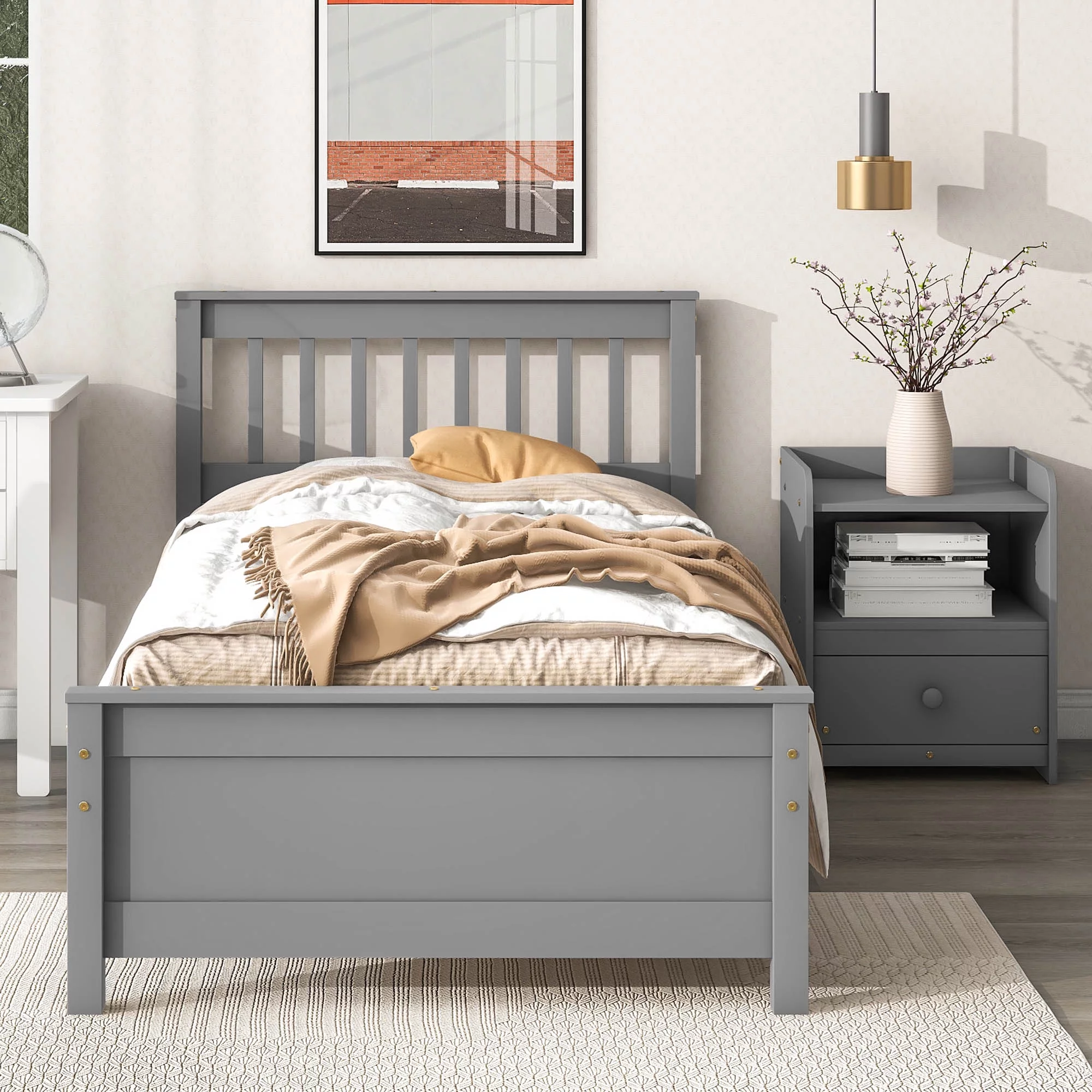 Royard Oaktree Twin Size Wood Bed Frame with Headboard and One Nightstand 2-Pieces Bedroom Set with Twin Bed and Nightstand, Grey