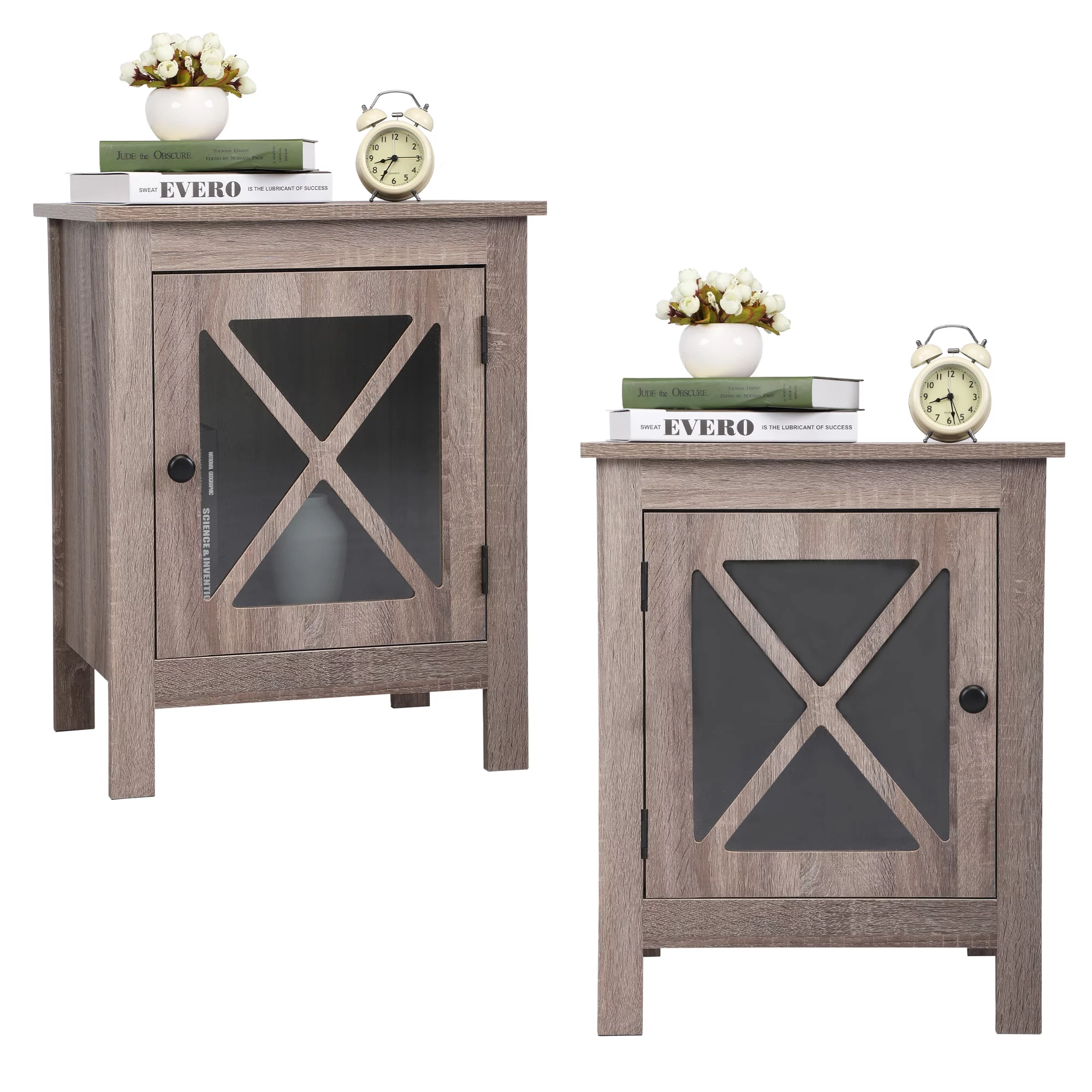 2 Piece Wood Nightstand Light Grey Nightstand Bedroom Coffee Table Dresser Storage Box With X Door For Bedside Bedroom Living Room