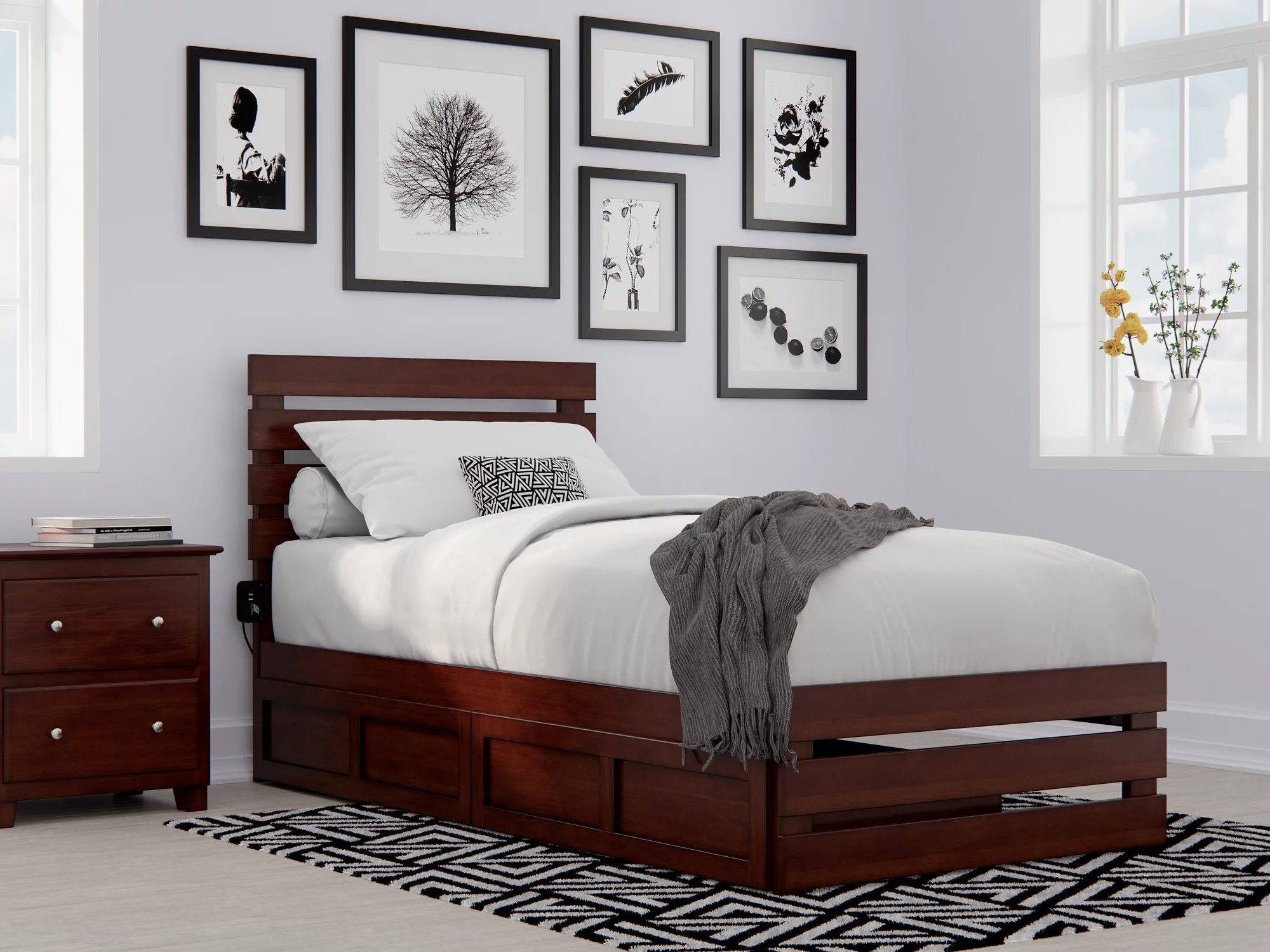 Oxford Twin Extra Long Bed with Footboard and USB Turbo Charger with 2 Extra Long Drawers in Walnut