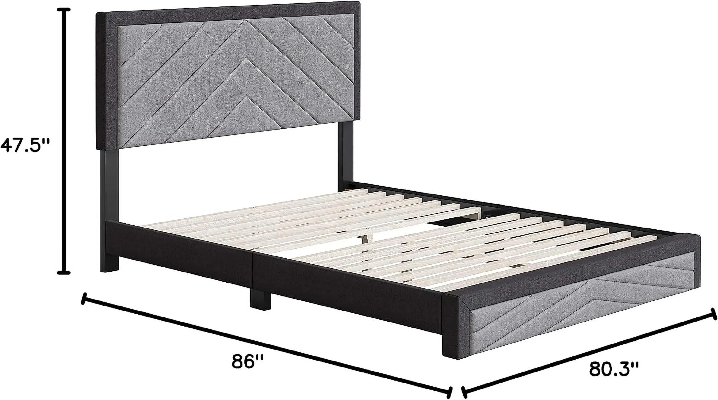 Barcelona Upholstered Platform Bed With Headboard And Durable Mattress Foundation With Strong 14 Wood Slat Supports, No Boxspring Required: King, Black/Gray