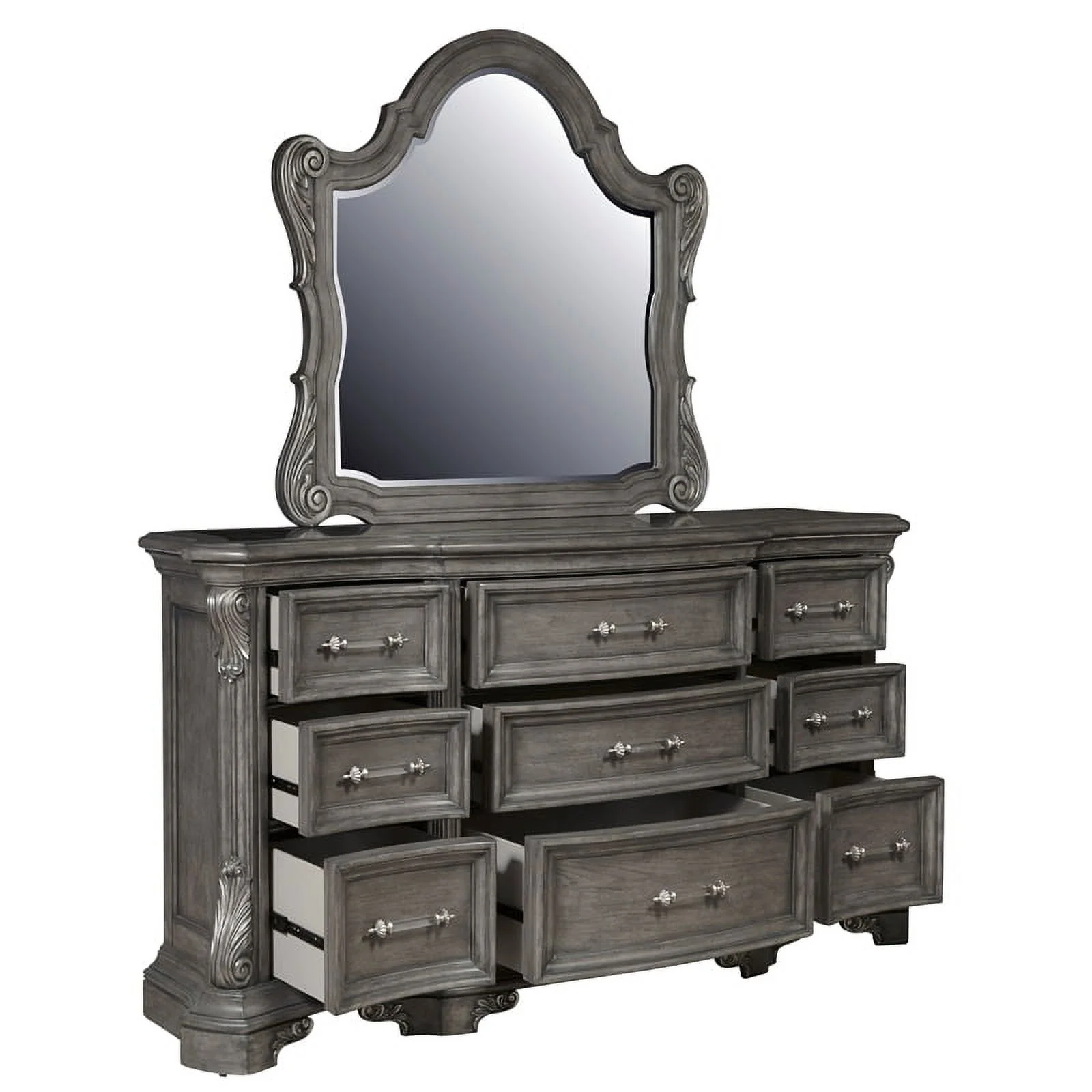 Vivian 9 Drawer Wood Dresser and Mirror Set in Gray Finish by Pulaski Furniture