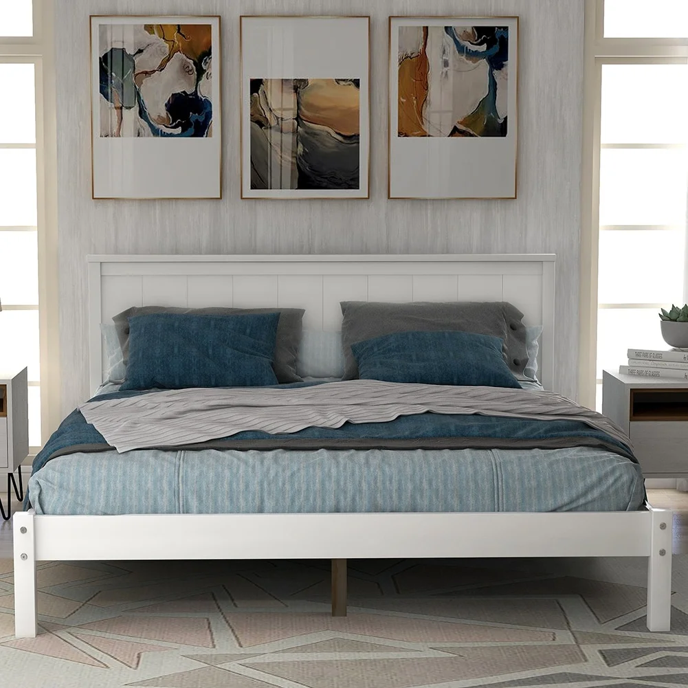 2-Color Platform Bed Frame with Headboard , Wood Slat Support White Full