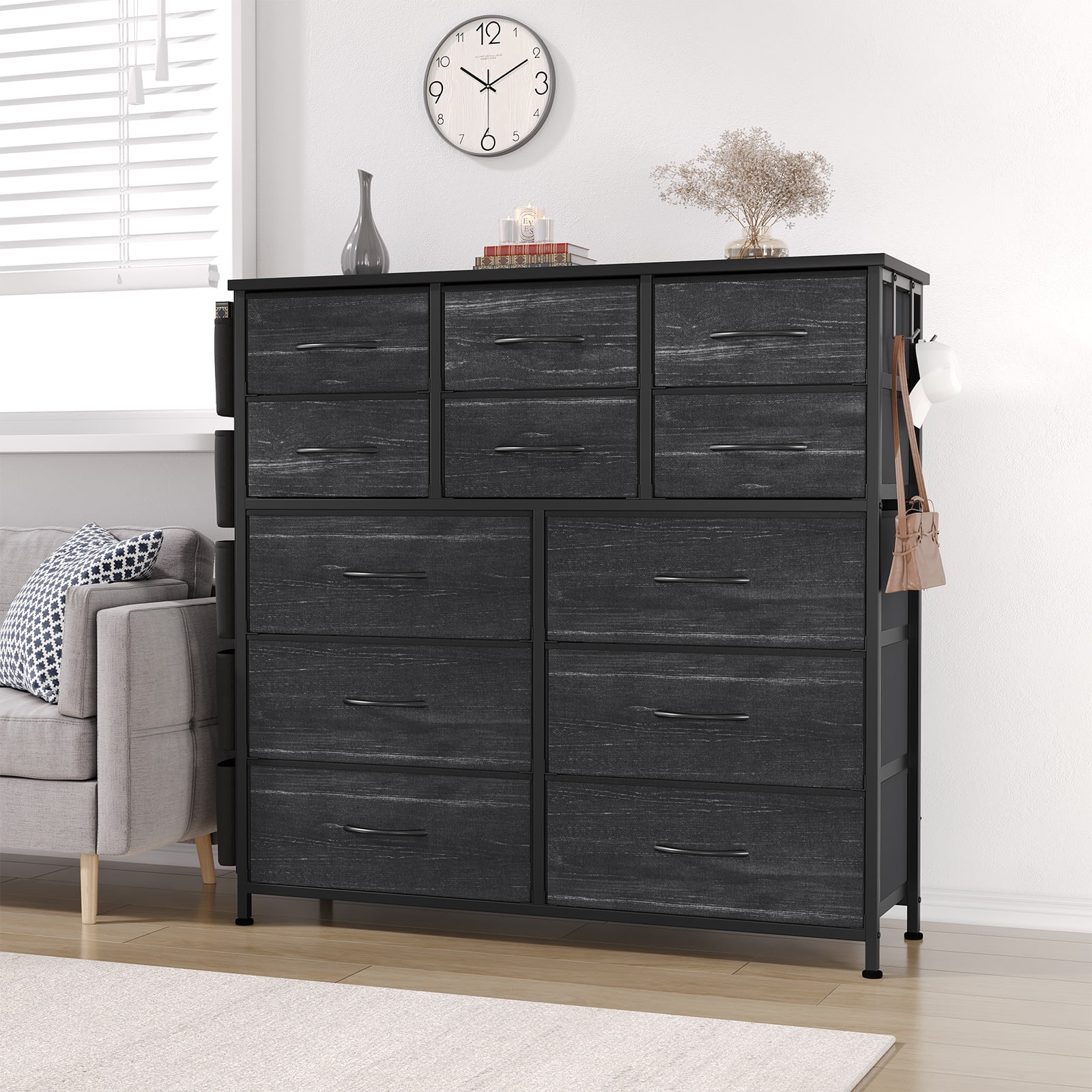 Towallmark 12 Drawers Fabric Dresser Storage Drawers, Tall Dresser with Sturdy Frame&Wooden Top, Organizer Unit, Black