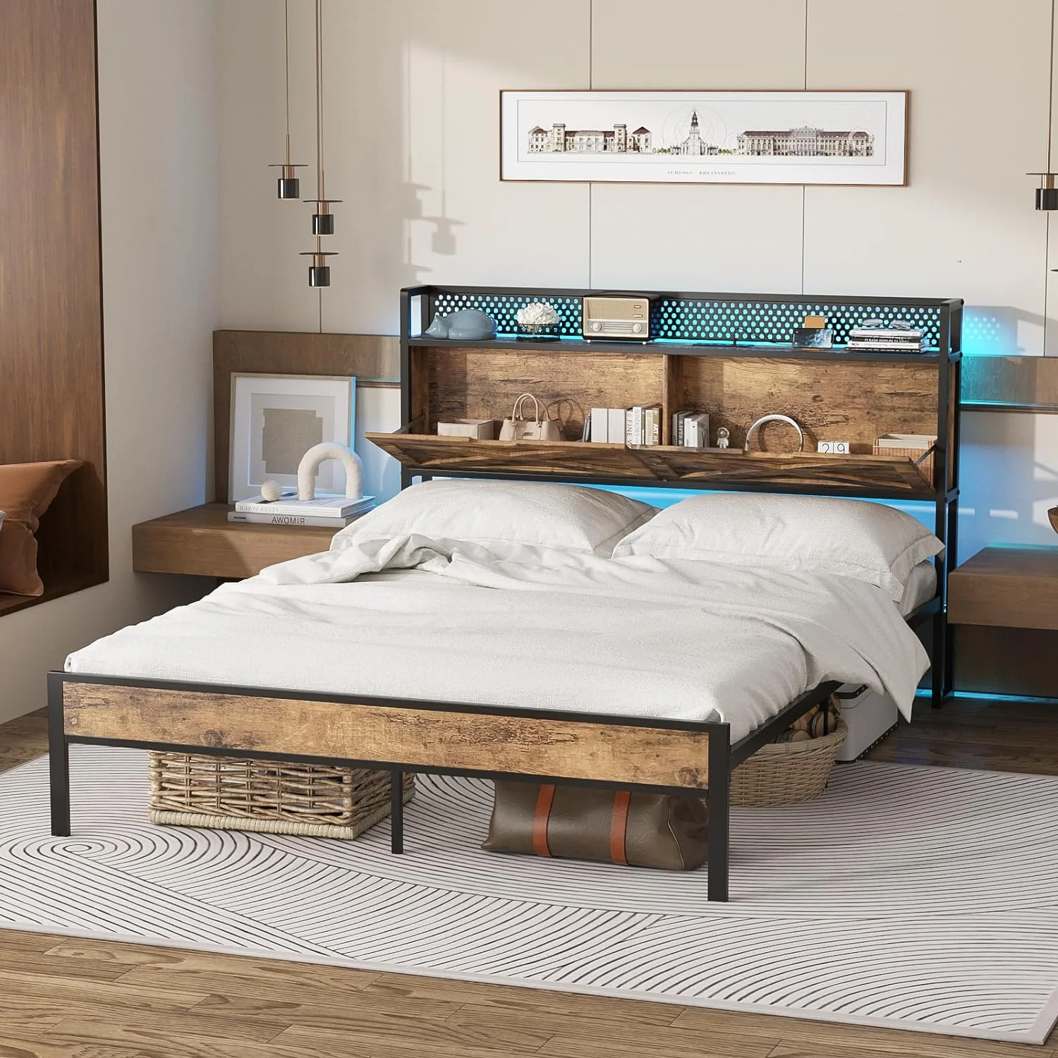 Queen Size LED Bed Frame with Storage Headboard, Platform Metal Farmhouse Bed with Charging Station, 2 Hidden Shelves, Free, Vintage Brown