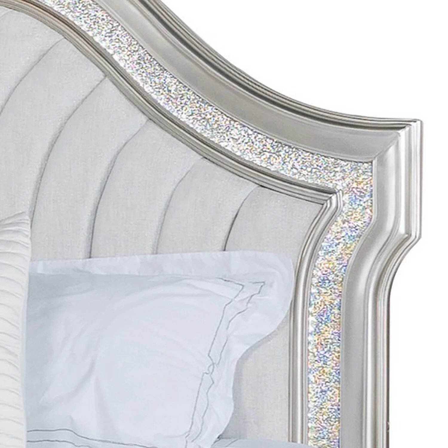 Benjara BM302818 Upholstered Double Arched Nive Platform King Size Bed, Silver Oak & Off- White