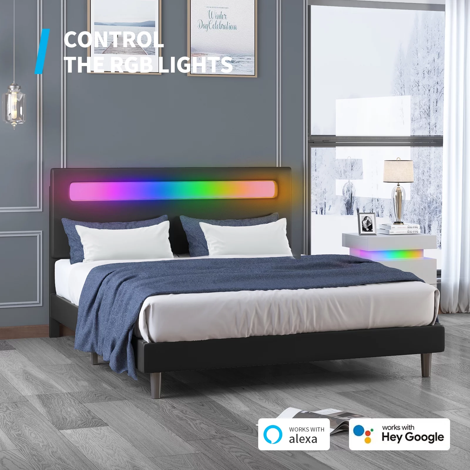 Mjkone Full Size Bed Frame with RGB LED Headboard, Platform Bed Frame with Smart LED Strip Light, RGB LED Light Controlled by Alexa or APP, Full Bed Frames Adjustable Lighting Effects(Queen, Black)