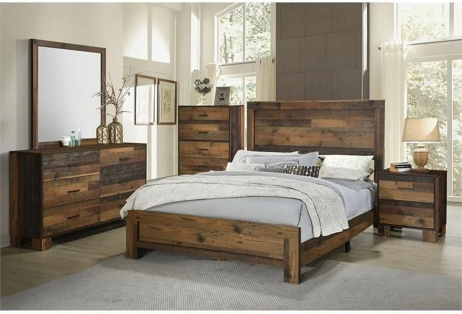 Farmhouse Wood Queen Panel Bed In Rustic Pine Brown