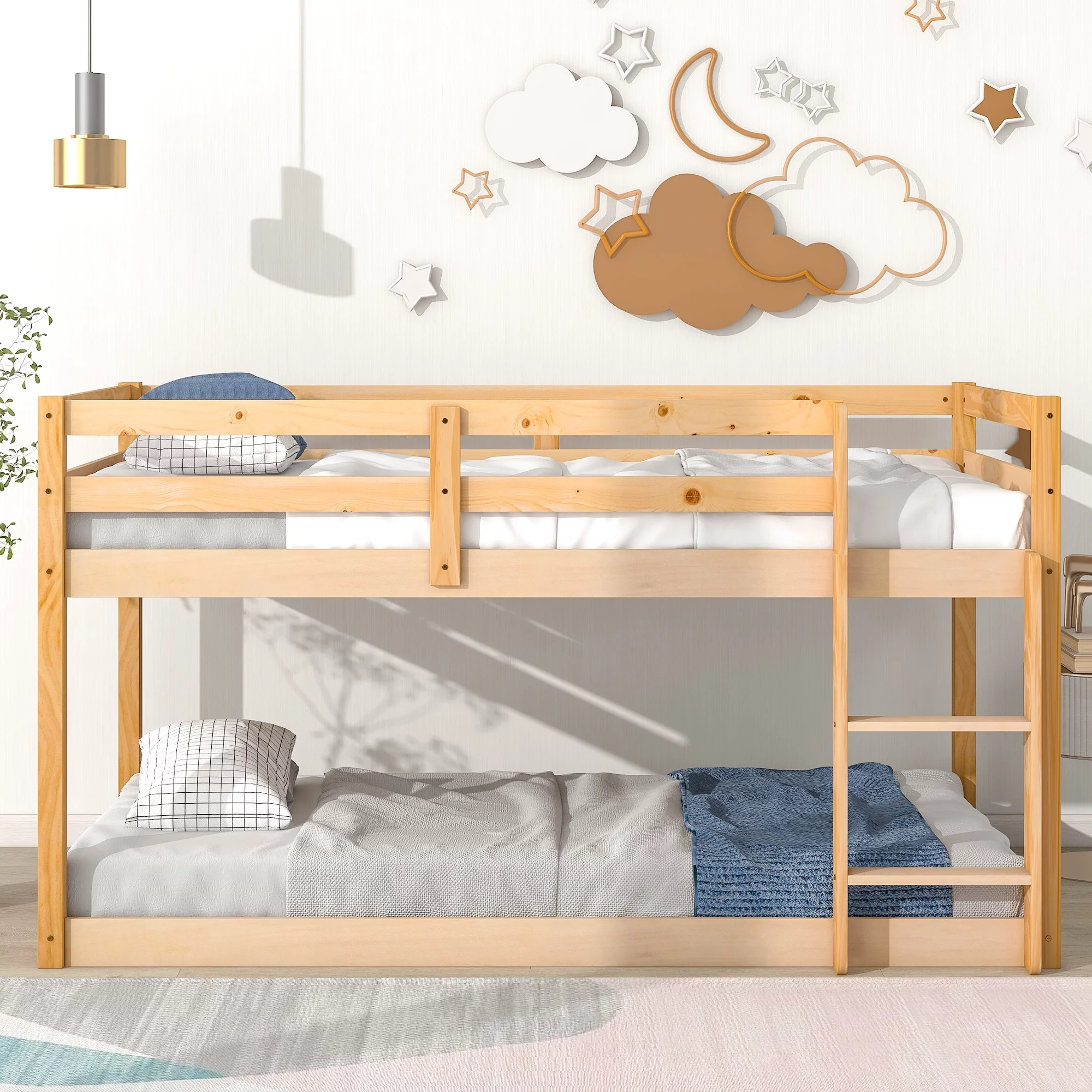 Kingwolfox Spacious, Low-Height Twin Bunk Bed: Quality, Safety, & Style Guaranteed-Natural