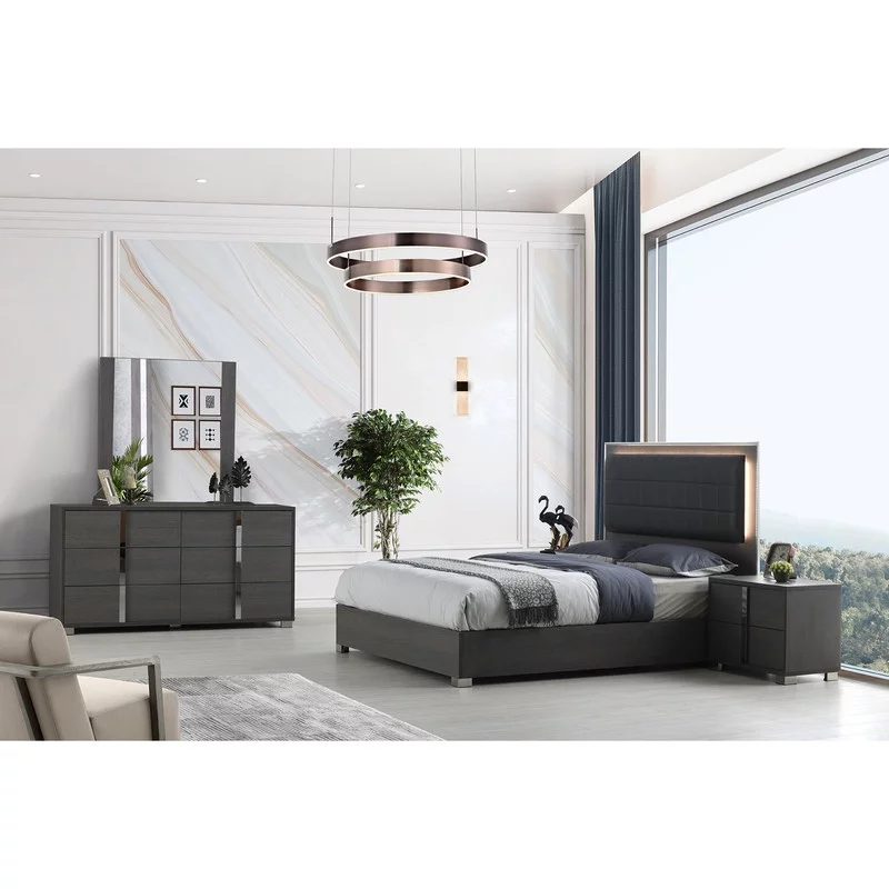 Giulia Modern Premium 5-Piece Bedroom Set, Gloss Gray, Queen