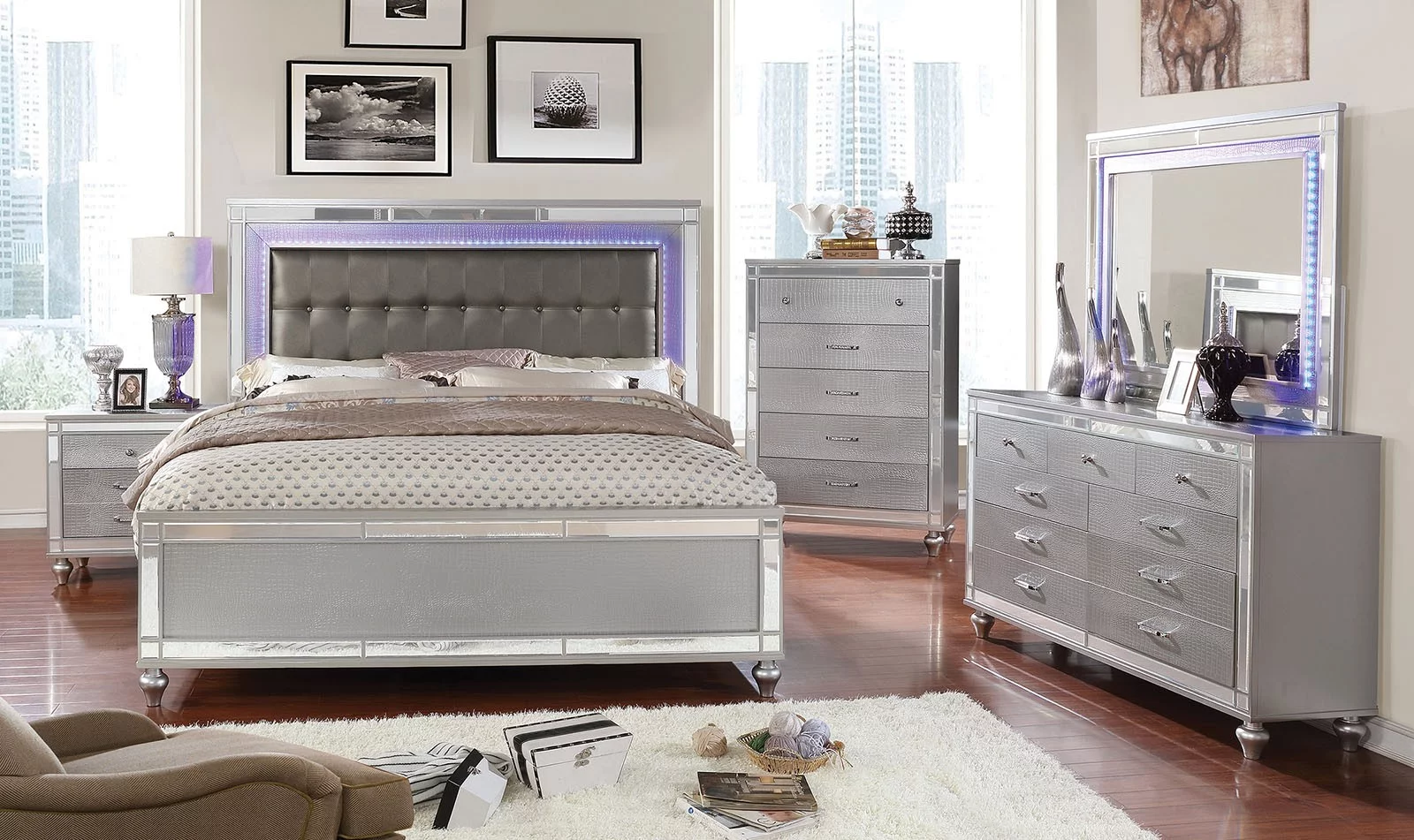Contemporary Silver Headboard Tufted Leatherette Queen Size Bed 6pc Set Dresser Mirror 2x Nightstands Chest Bedroom Furniture
