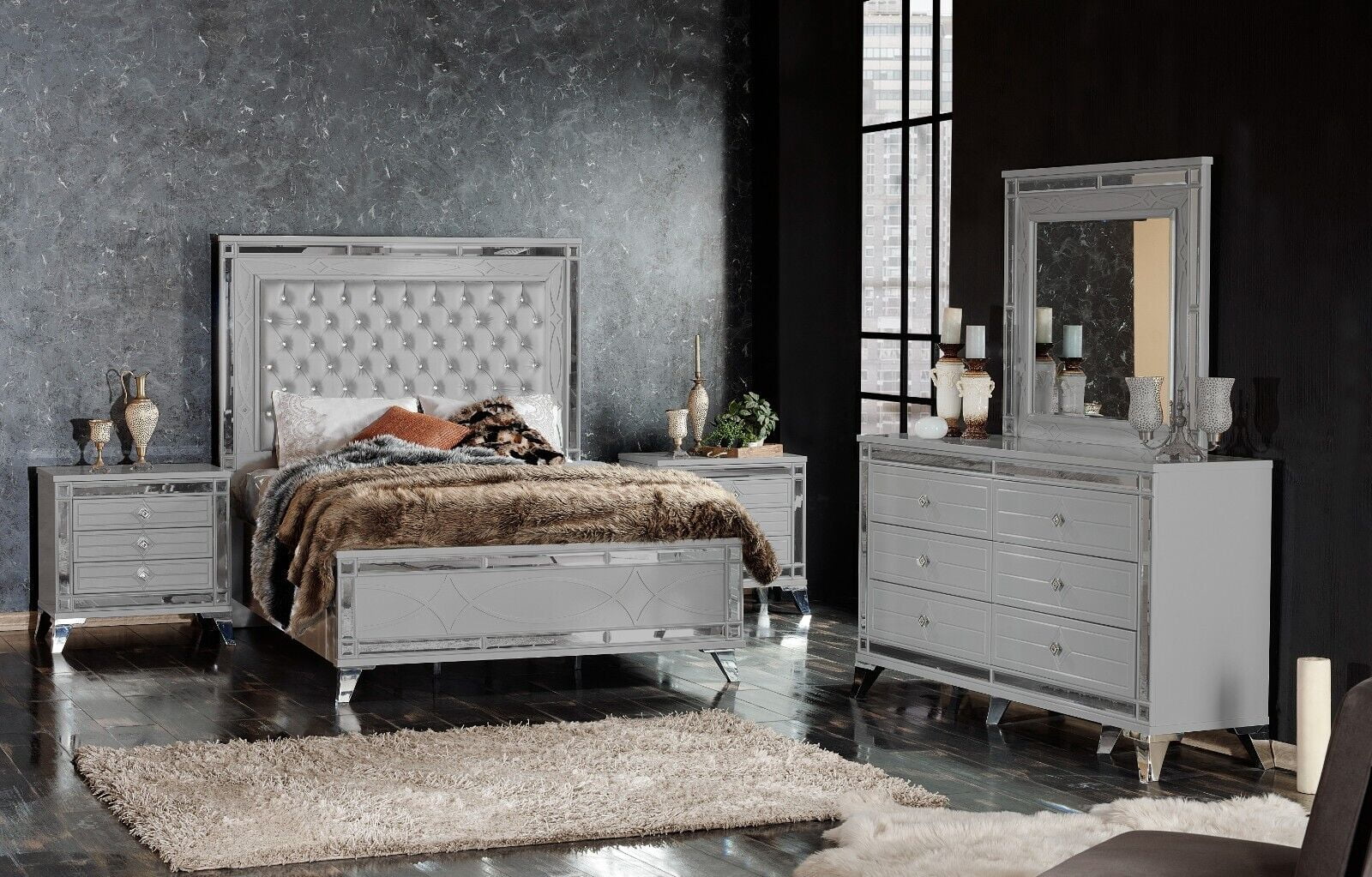 5pc Modern Luxury Queen Light Gray Tall Queen Bed w/LED Dresser Mirror Nightstand Set