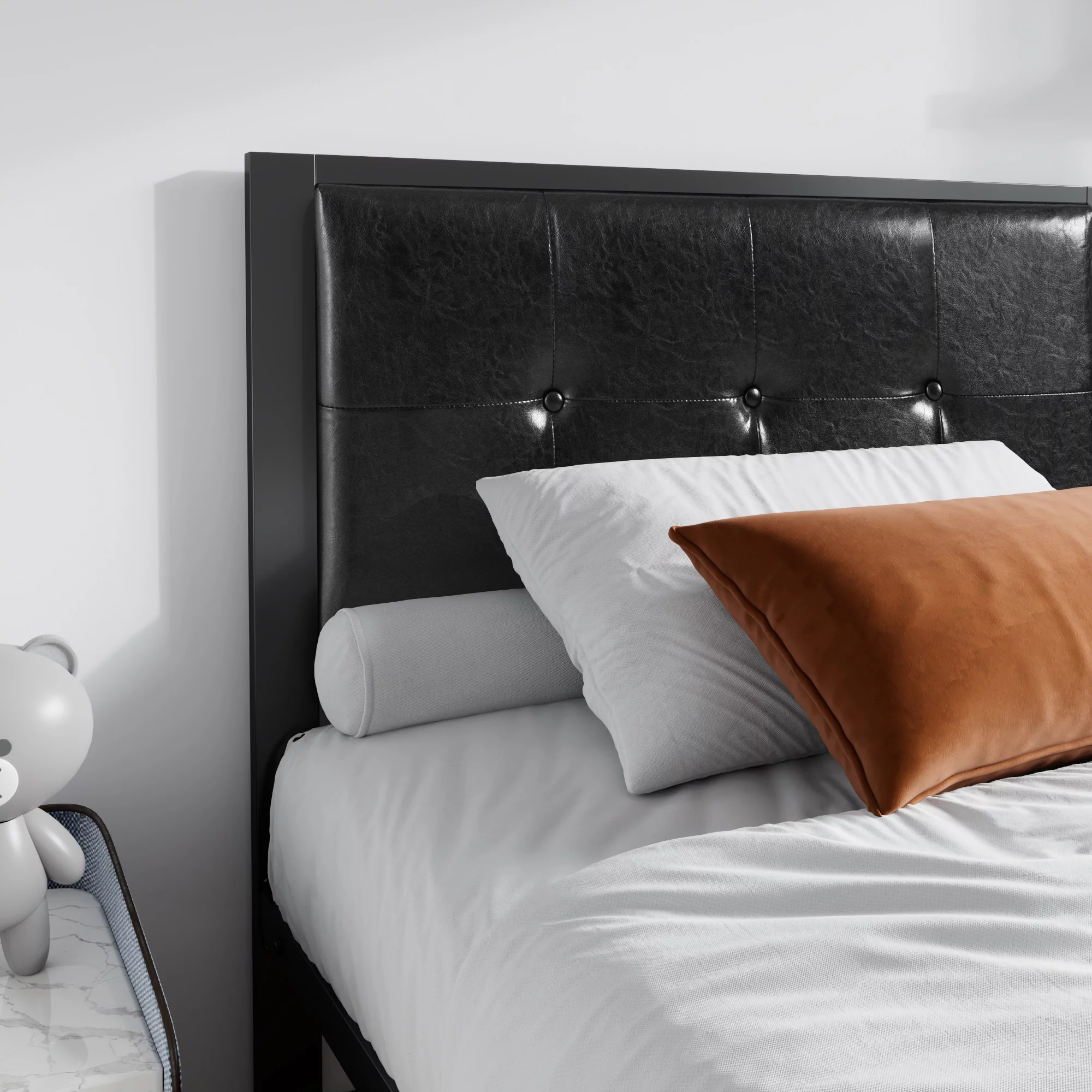 Einfach Twin Platform Bed with Faux Leather Button Tufted Square Stitched Headboard, Black