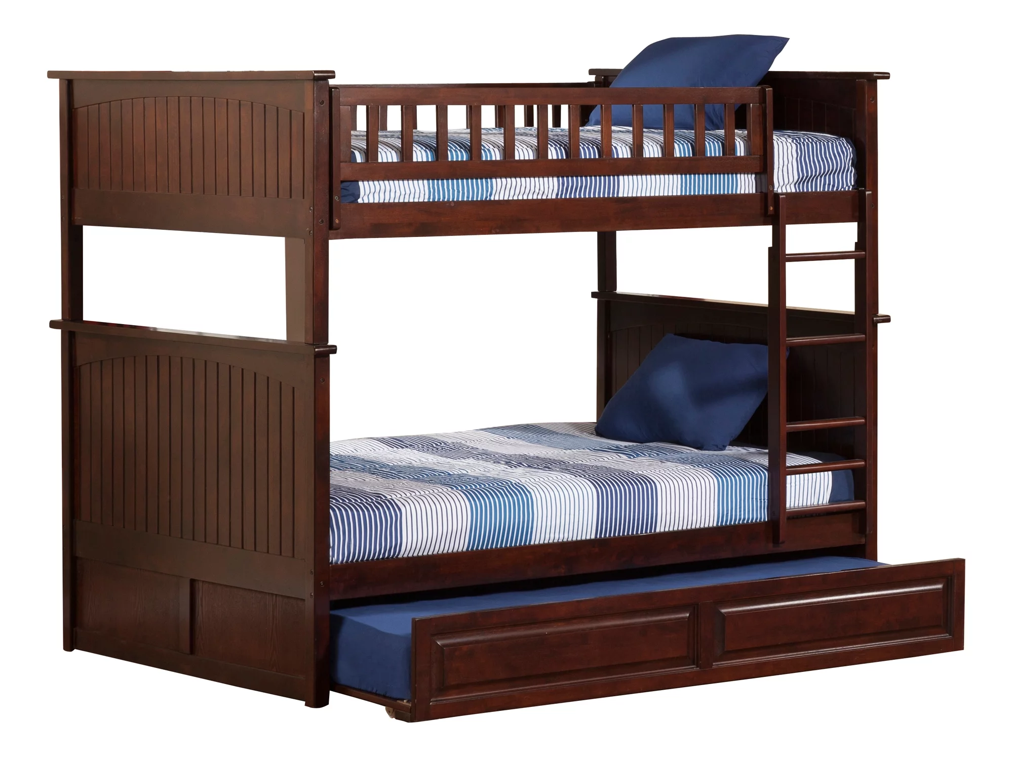 Nantucket Bunk Bed Full over Full with Twin Size Raised Panel Trundle Bed in Walnut
