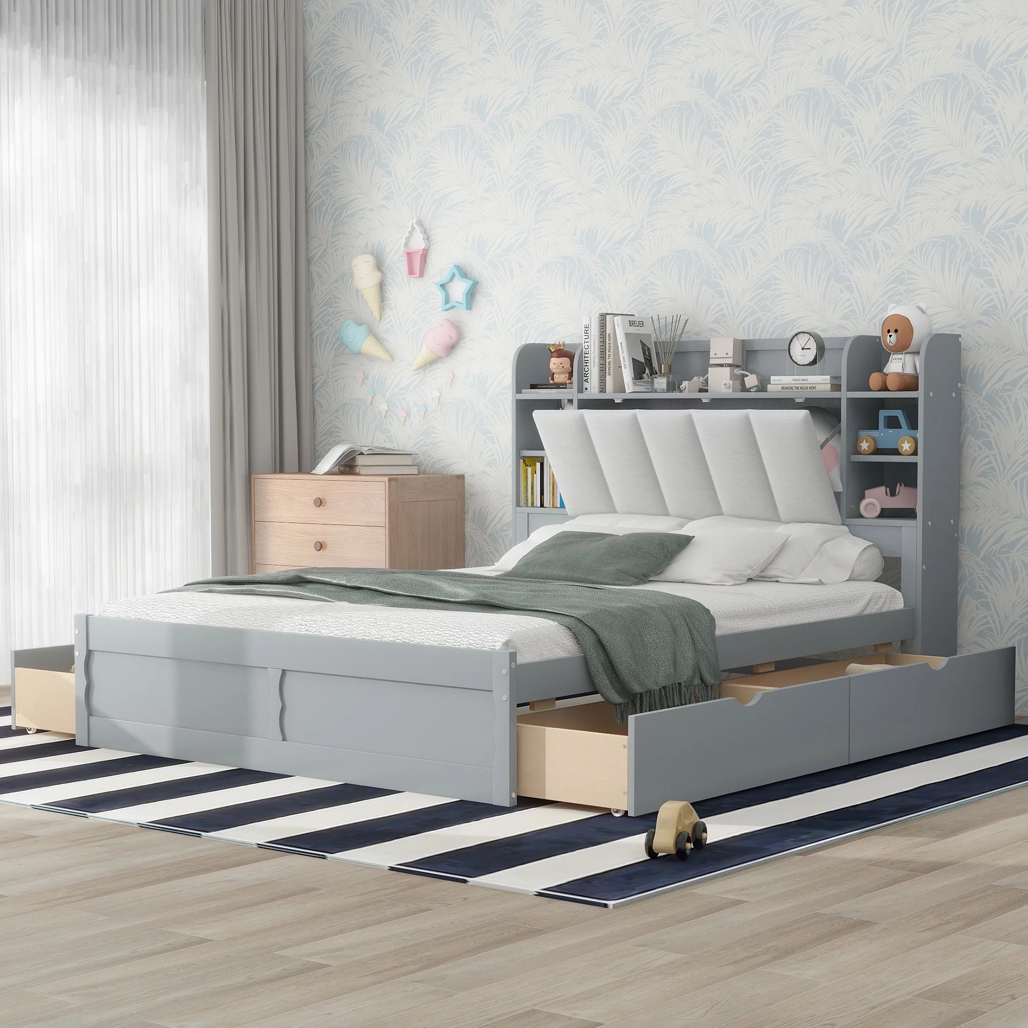 Docooler Gray Wood Queen Size Platform Bed with Storage Headboard, Shelves and 4 Drawers Stylish and Functional Bedroom Furniture