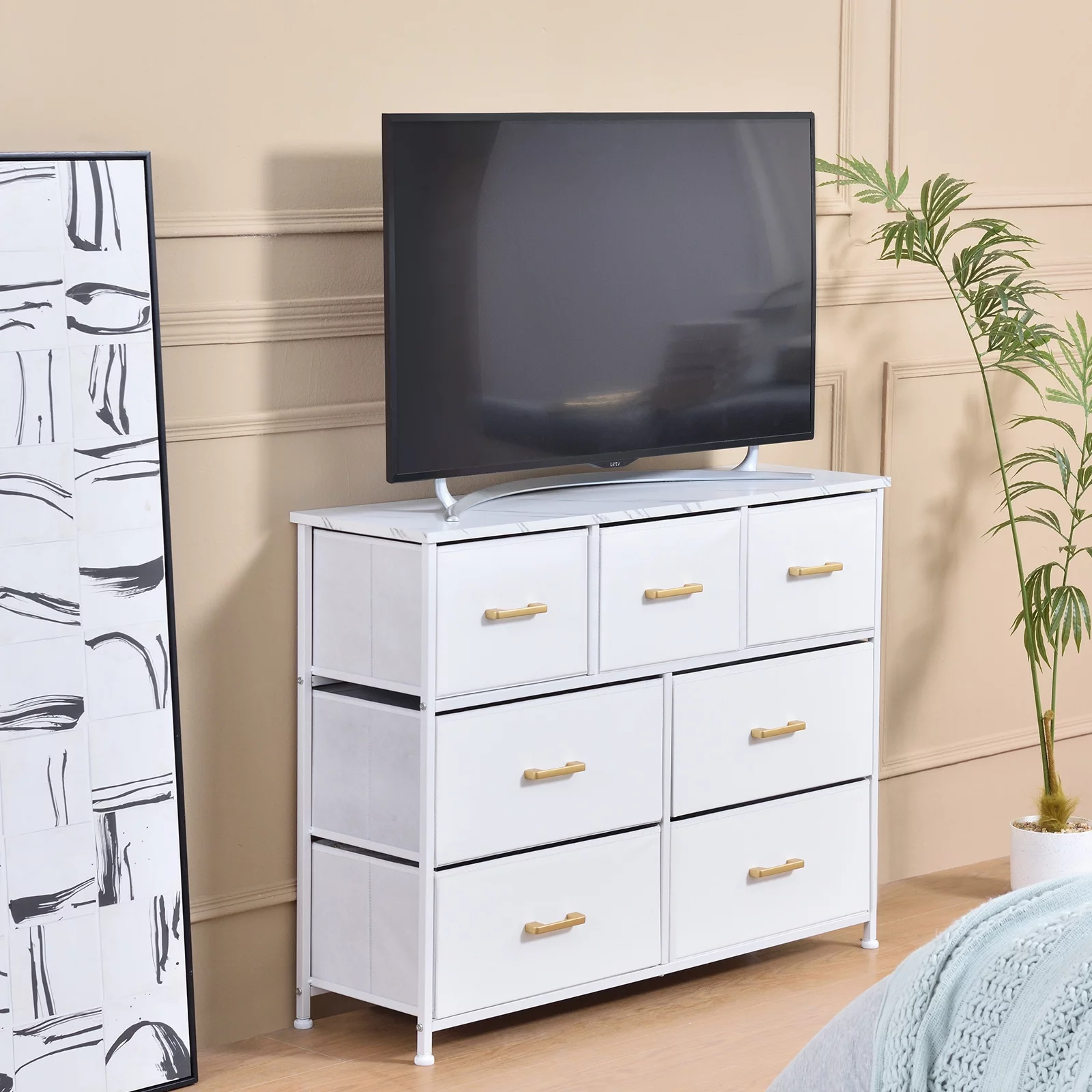 Bigroof Wide Chest Storage Organizer with Wood Top Storage Chest Clothes Storage Organizer Modern with 7 Drawers with Artificial Leather TV Stand Luxury
