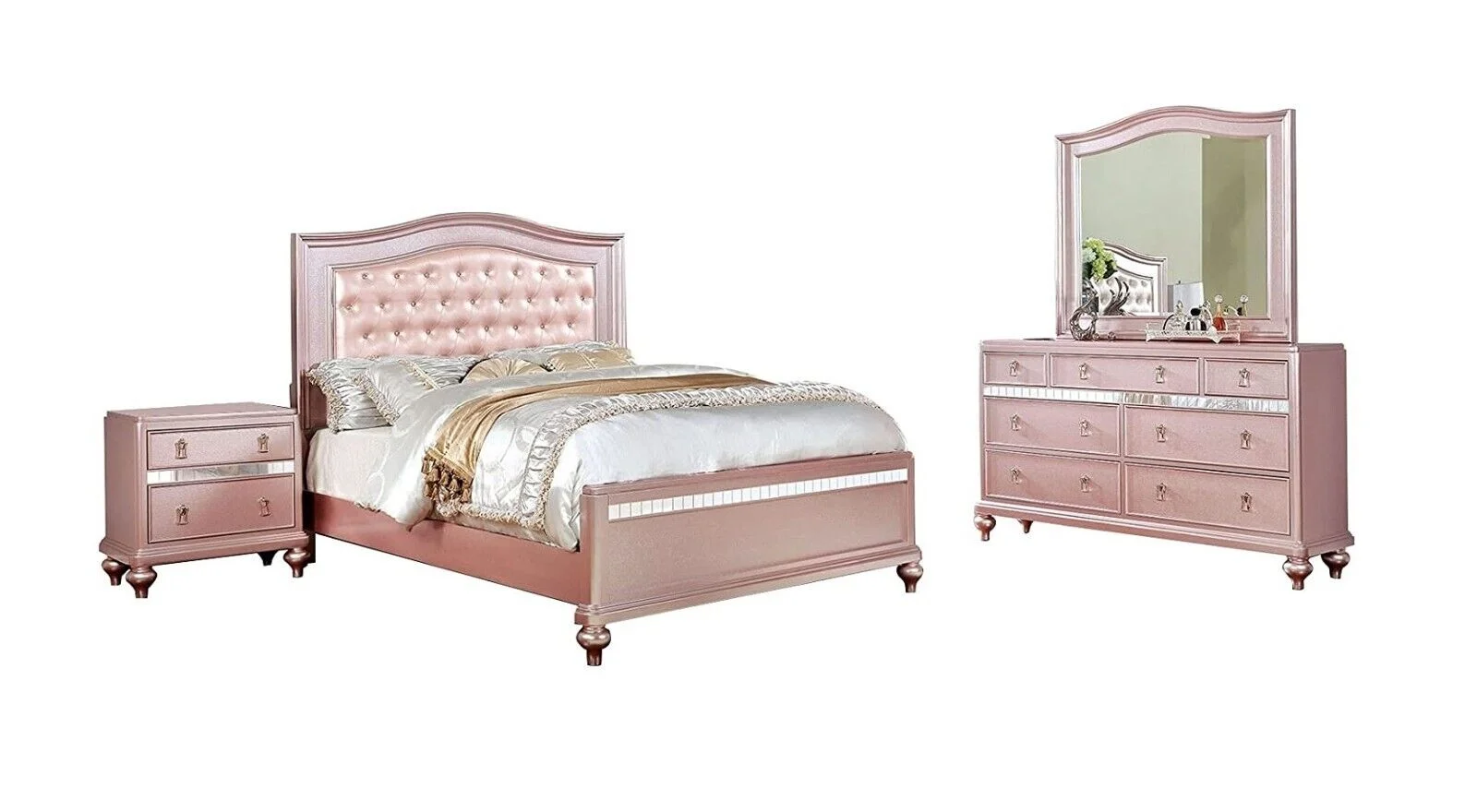 Contemporary Rose Gold Full Size Bed Dresser Mirror Nightstand 4pc Set Padded Headboard Tufted Bedroom Furniture Solid wood