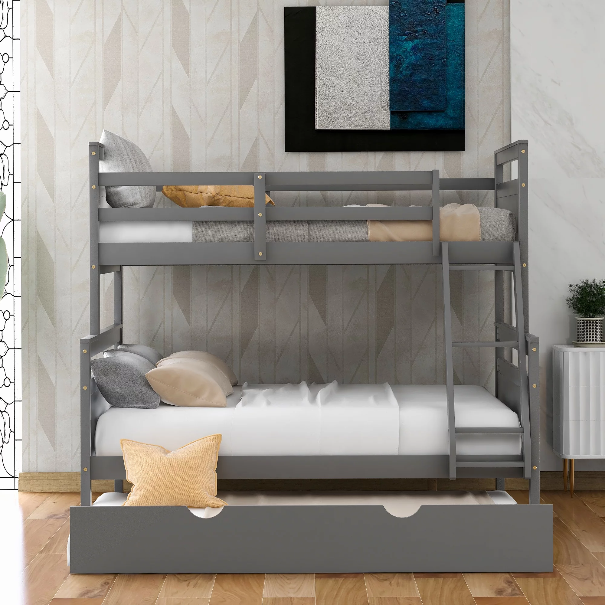 Dcenta Twin over Full Bunk Bed with Ladder, Twin Size Trundle, Safety Guardrail, Gray