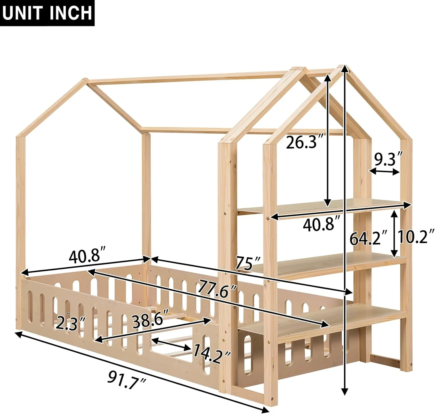 House Bed For Kids, Floor Bed Frame With A Detachable Storage Shelf, Wood Motessori Bed With Storage For Childre Girls, Boys, atural