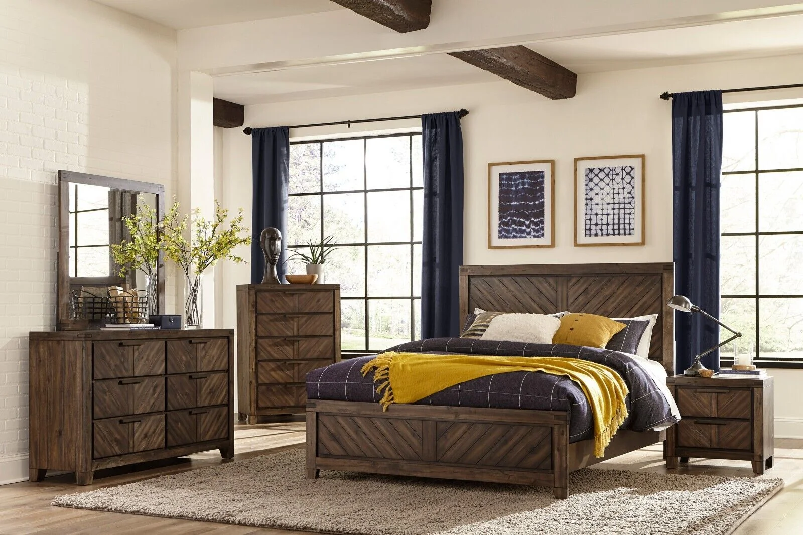 Modern Distressted Espresso Finish 5pc Queen Bed Dresser Mirror Chest Nightstand Bedroom Set Wooden Furniture