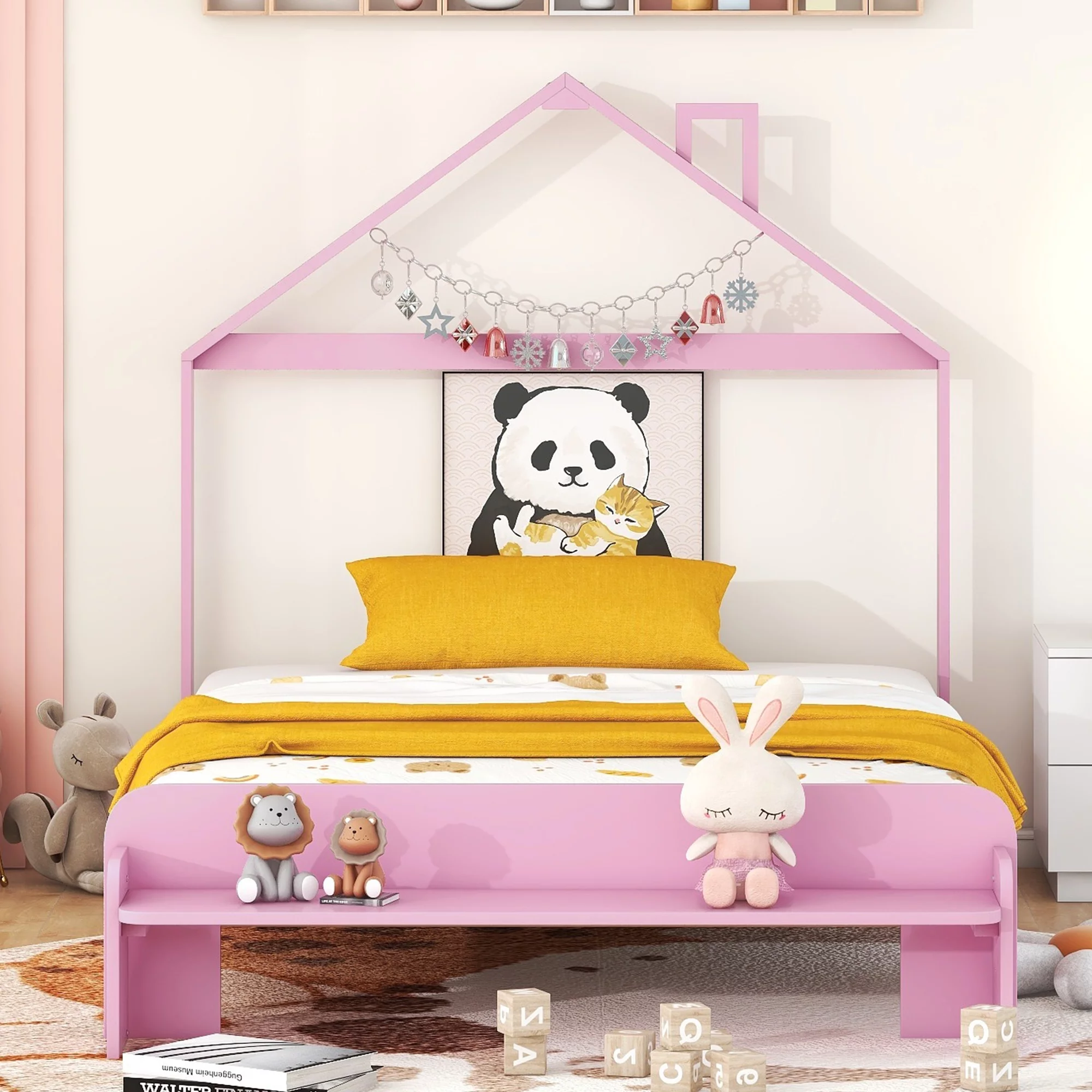 CoSoTower Full Size Wood Platform Bed with House-shaped Headboard and Footboard Bench,Pink