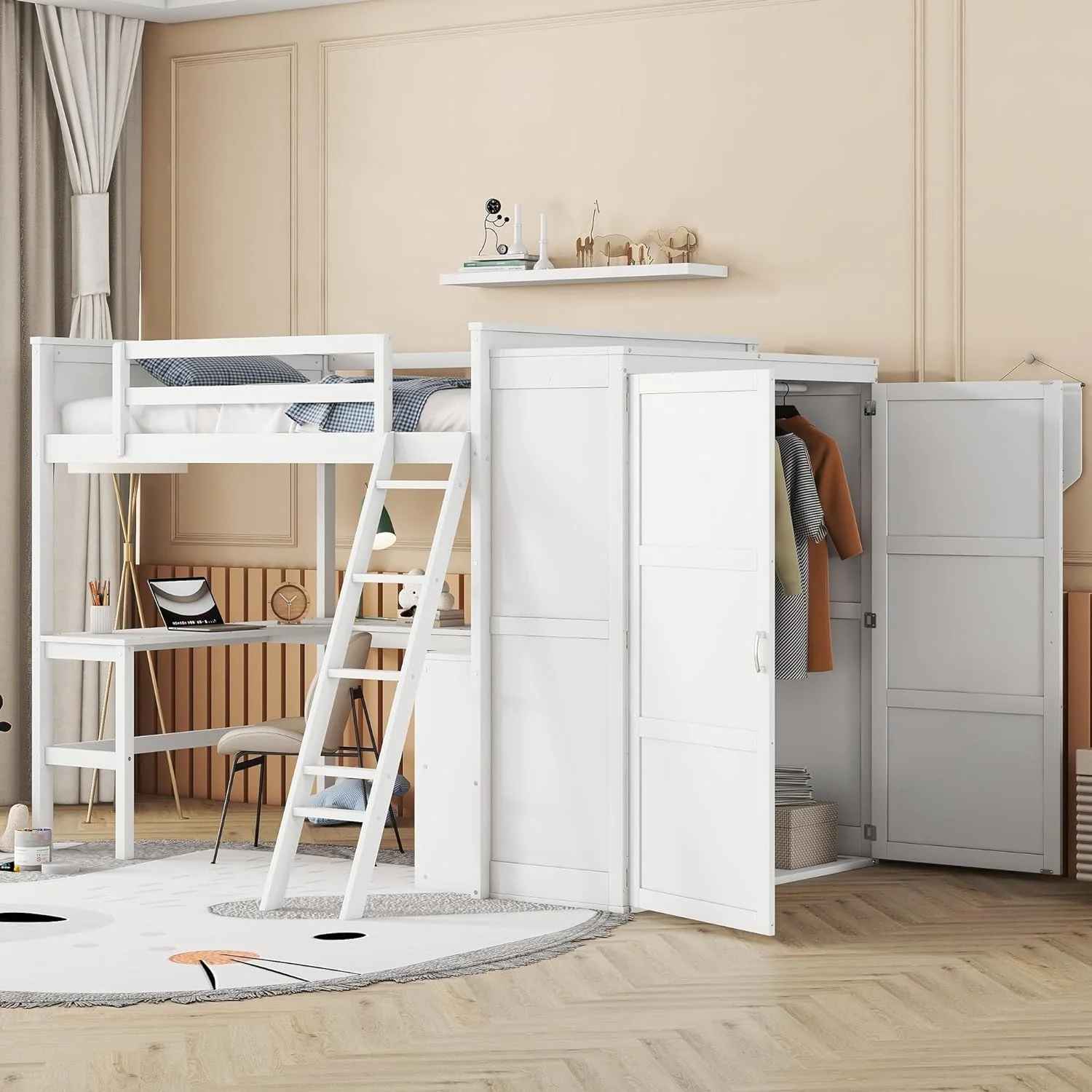 Full Size Loft Bed With Desk, Woode Full Loft Bed Frame With Shelves Ad Wardrobe, White