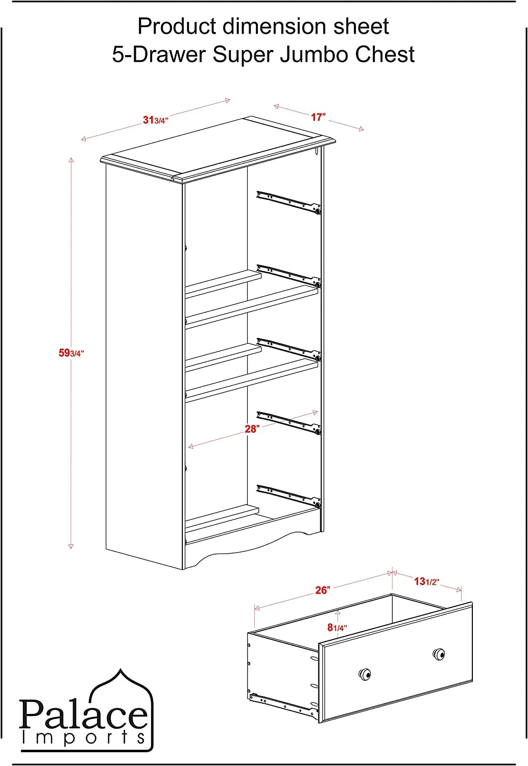 Imports 100% Solid Wood 5-Super Jumbo Drawer Chest with Lock Honey Pine 31.75\u201Dw x 59.75\u201Dh x 17\u201D d Lock and Key Included. Requires Assembly.