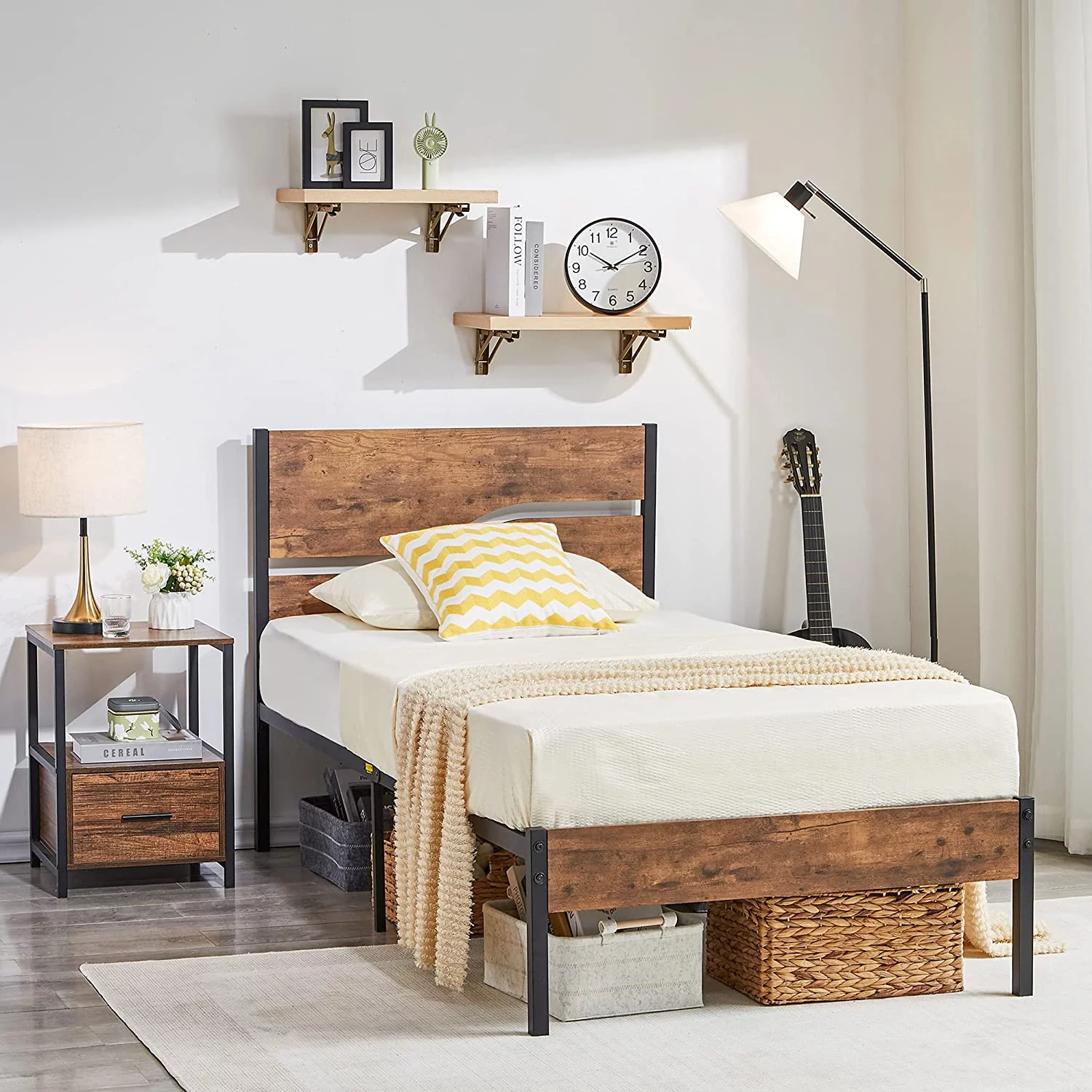 YINCHEN Platform Bed Frame Twin Size with Rustic Vintage Wood Headboard and Nightstands Set of 2, Modern Bedside End Tables