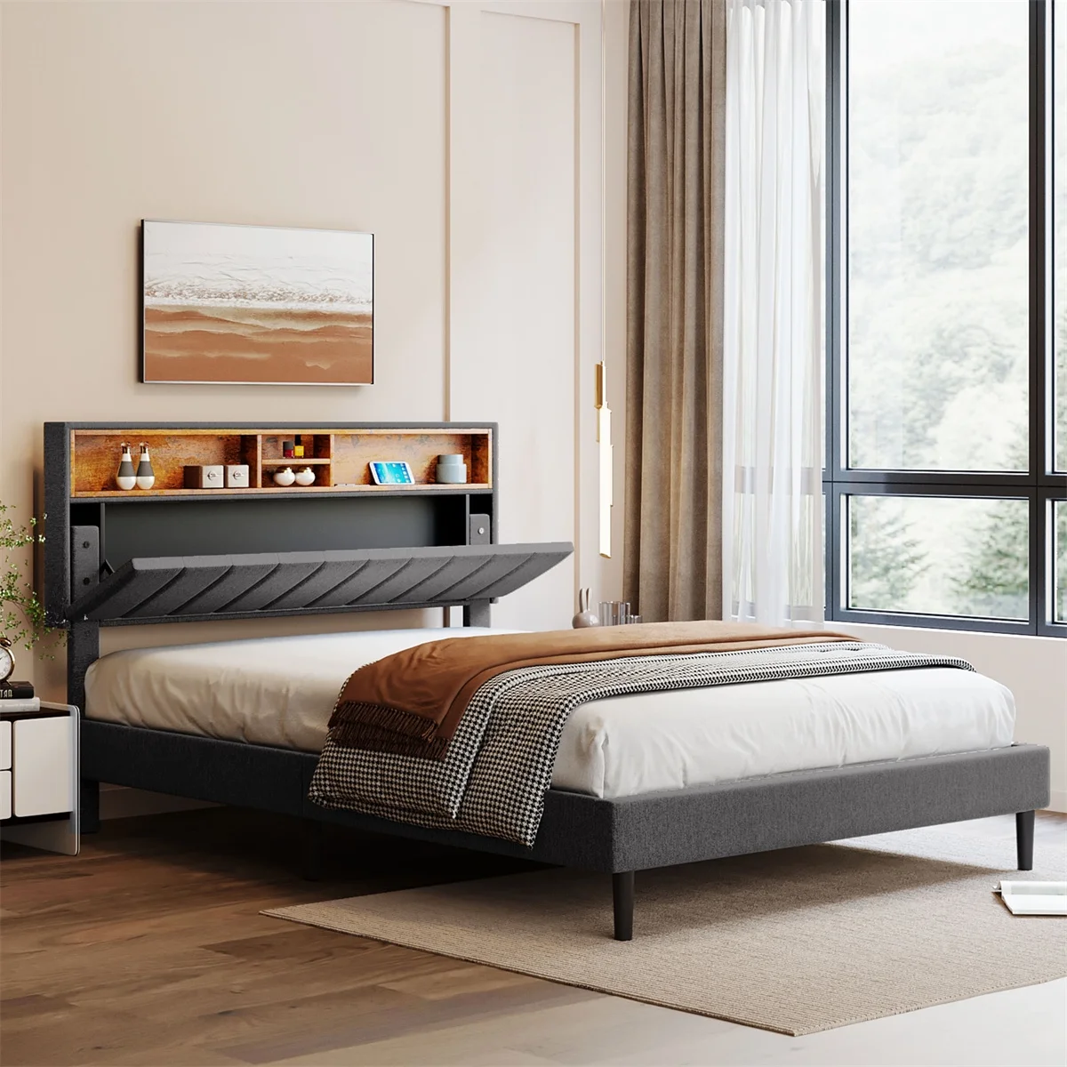 Vintage Full Size Bed Storage Headboard and USB Port for Teenagers Adults