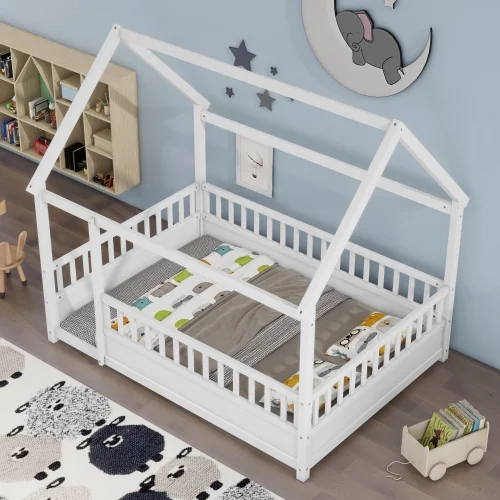 Full Size Floor Wooden Bed with House Roof Frame, Fence Guardrails Toddlers, Boys & Girls, Suitable for Bedroom,White
