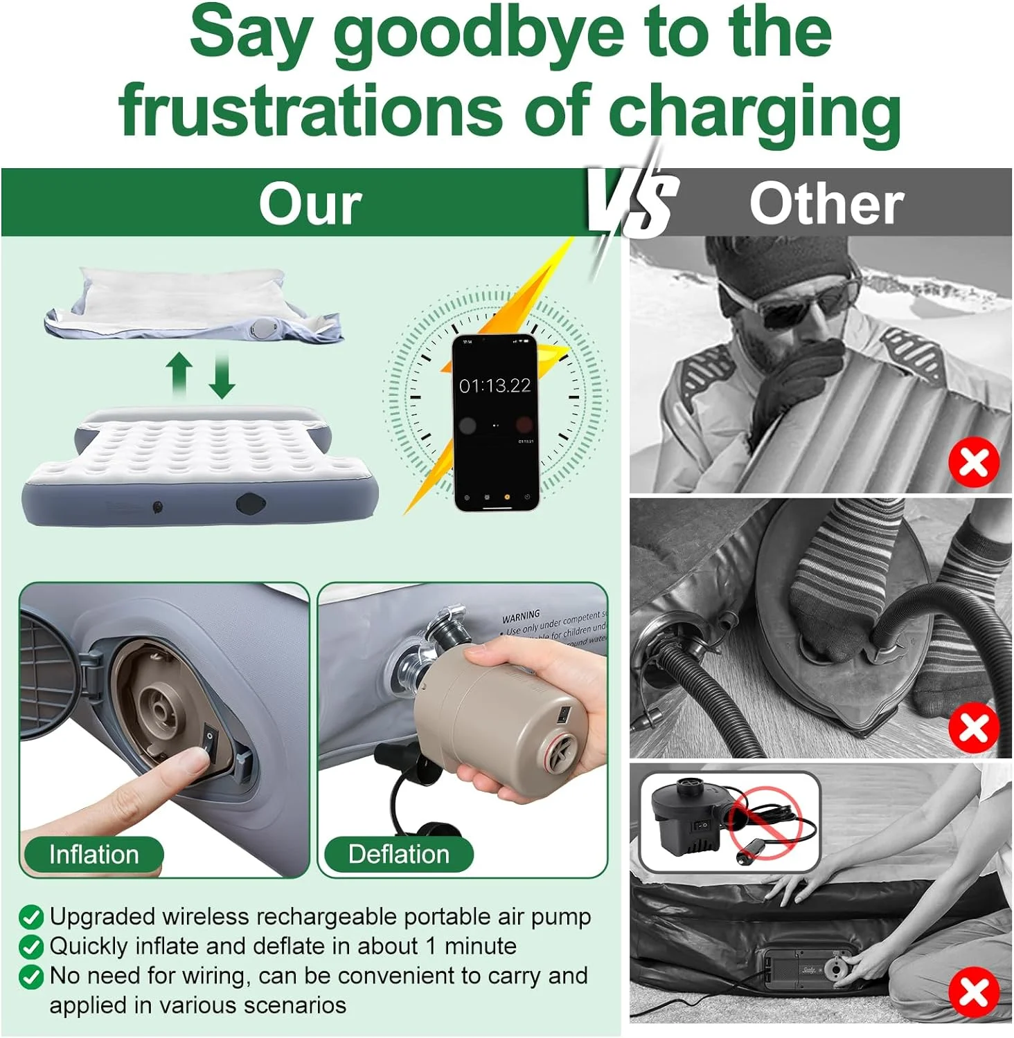 Full Size Truck Bed Air Mattress - Quick Inflation, Skin-Friendly, Wireless Rechargeable Pump