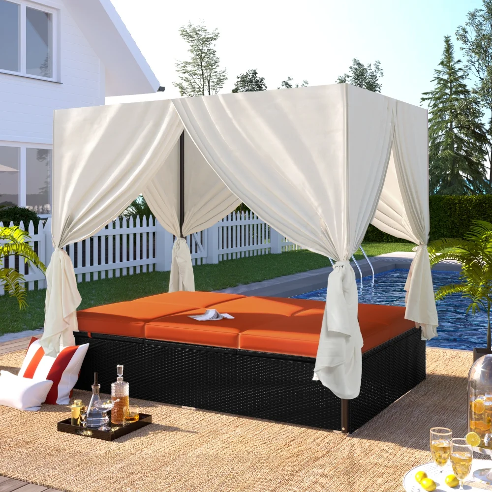 Outdoor Patio Daybed with Canopy, Patio Wicker Sunbed with Cushions and Adjustable Seats for Lawn Garden Backyard Poolside, Suitable for 2 to 6 Person, Orange