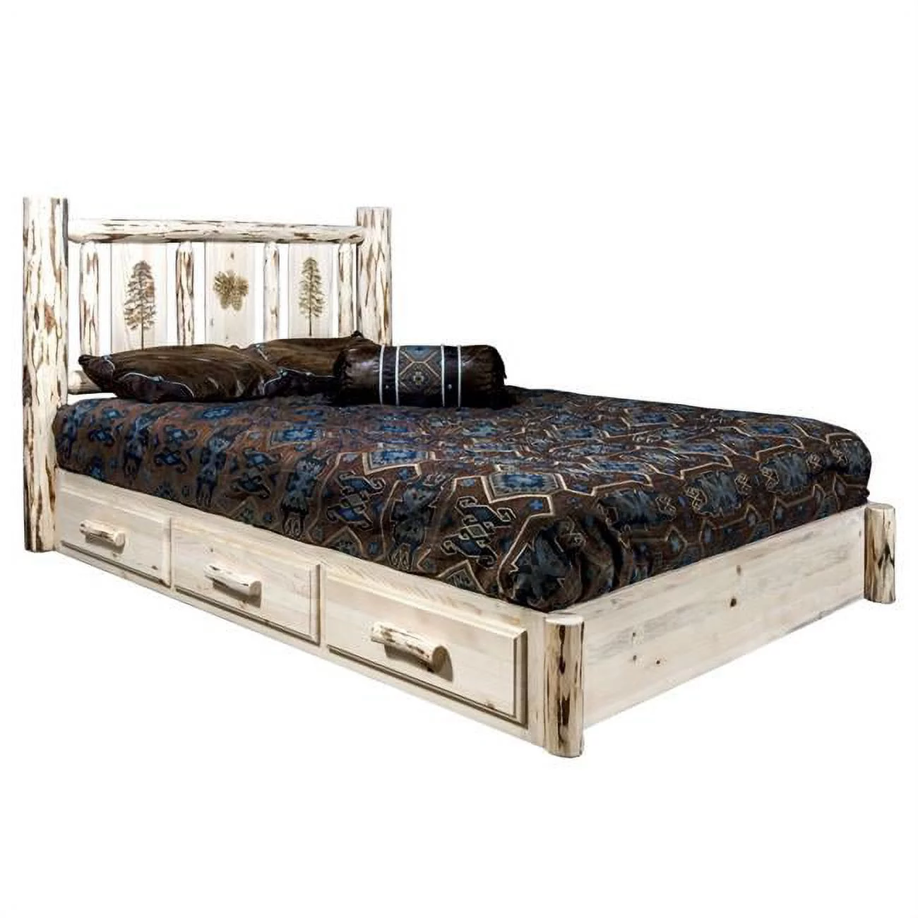 Montana Woodworks Wood King Platform Bed with Engraved Pine Design in Natural