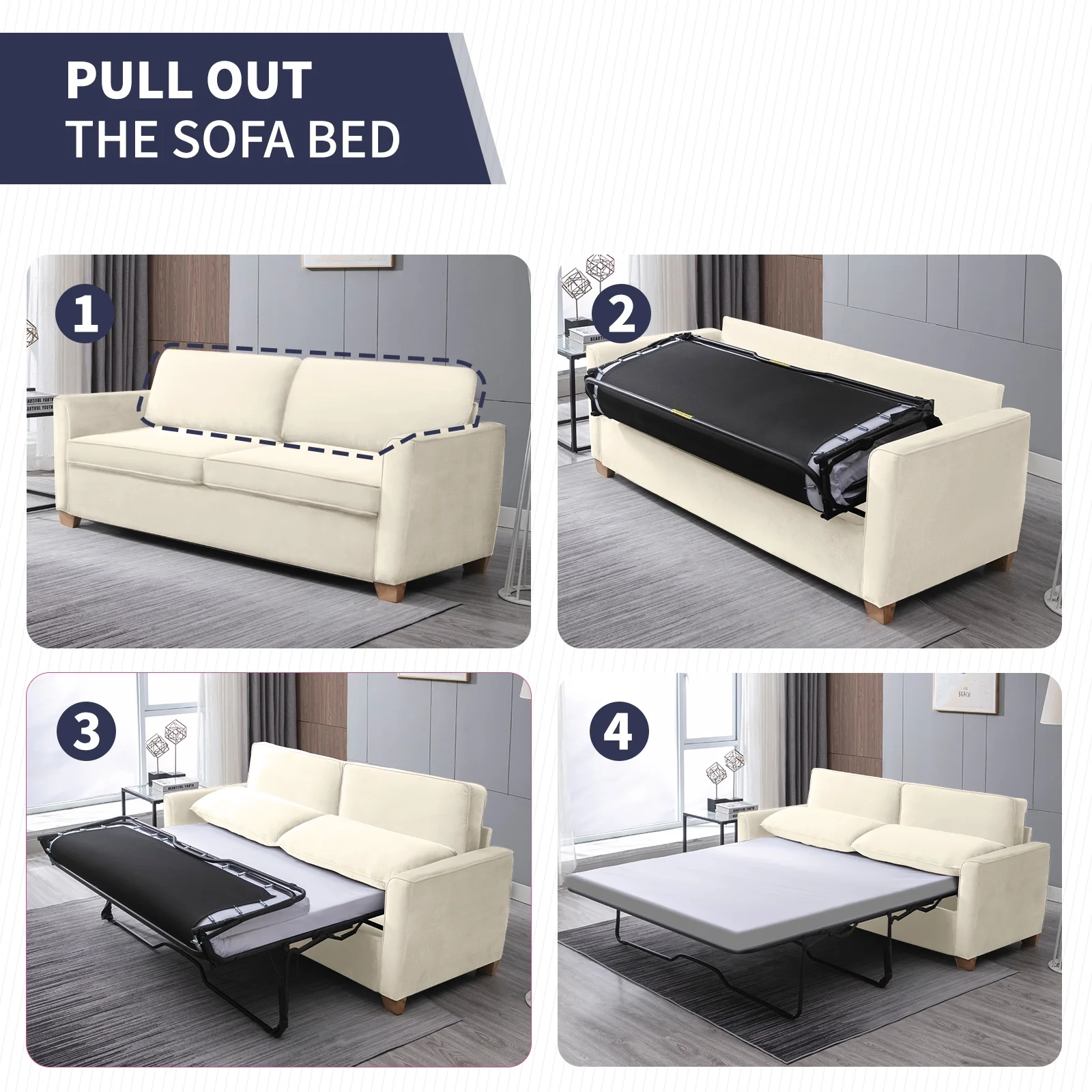 ijuicy 2-in-1 Pull Out Sofa Bed Queen Size, Velvet Loveseat Sleeper Sofa with Folding Mattress, Pull Out Couch Bed for Small Spaces, Sleeper Sofa for Living Room/Apartment/Office- Beige