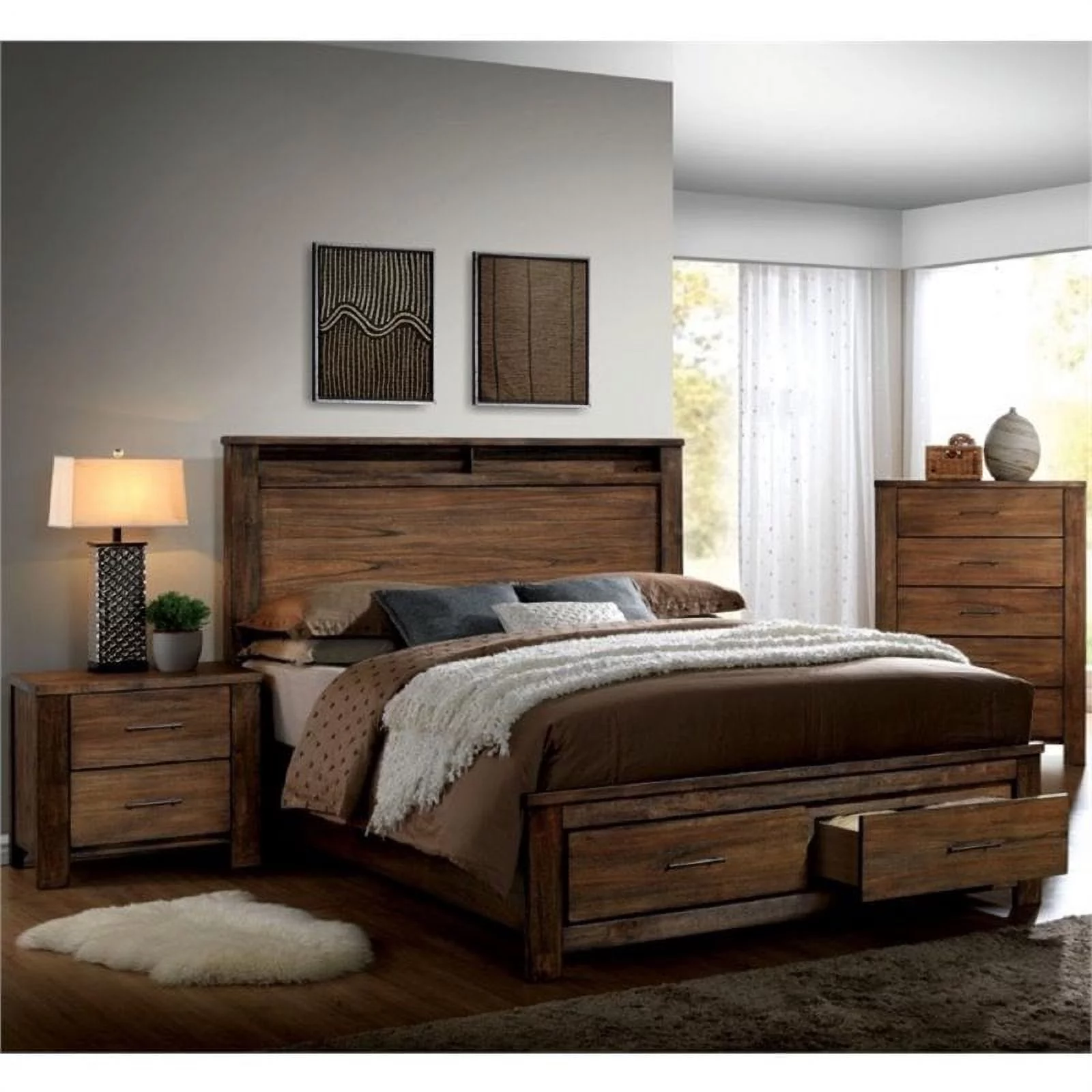 Pemberly Row 3pc Wood Queen Bedroom Set - Queen + Nightstand + Chest in Oak