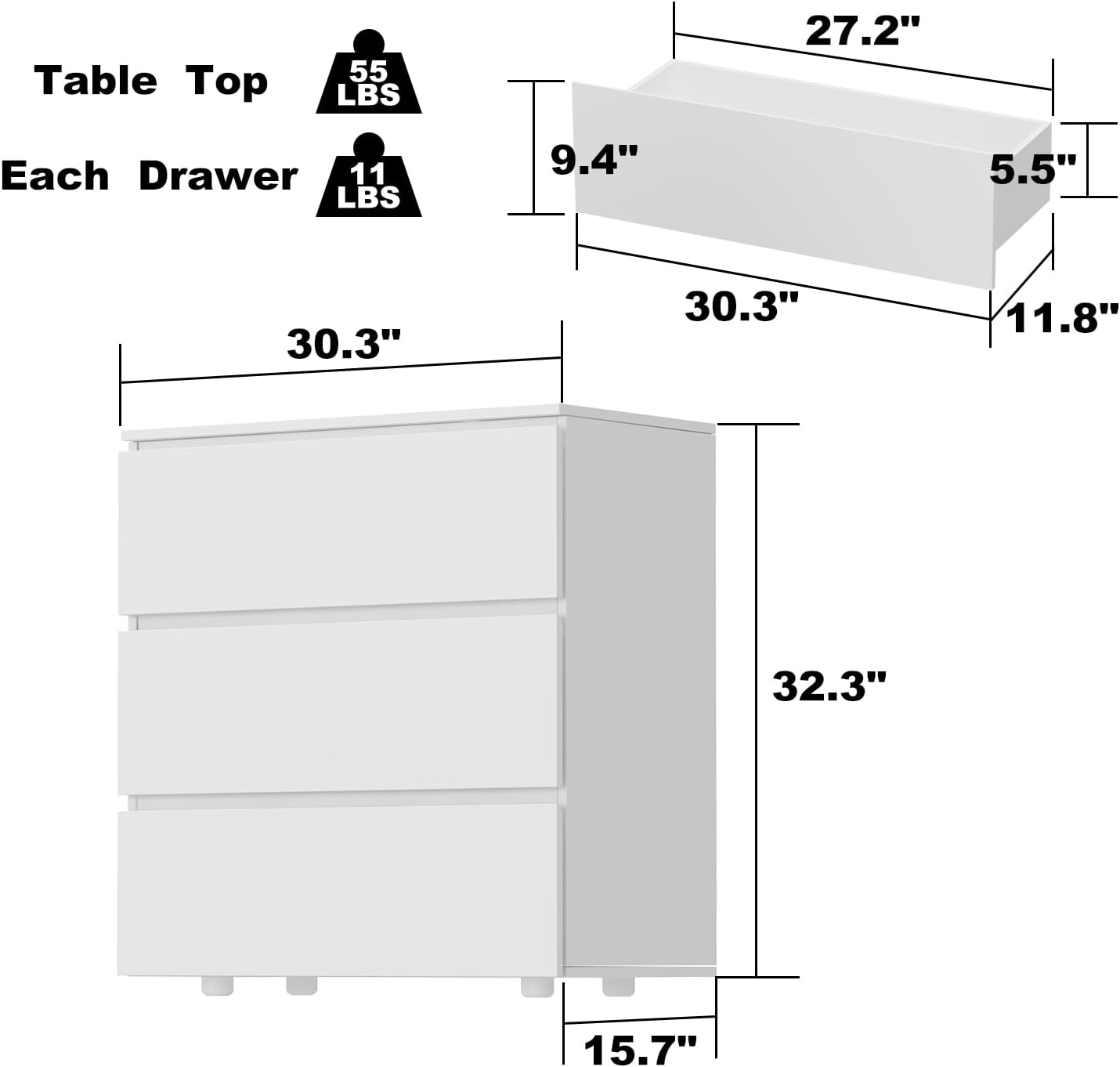 Modern 3-Drawer Dresser Chest, Wooden Dresser Tower with Wide Storage Space, Dresser Closet for Nursery Living Room Bedroom Hallway (White)