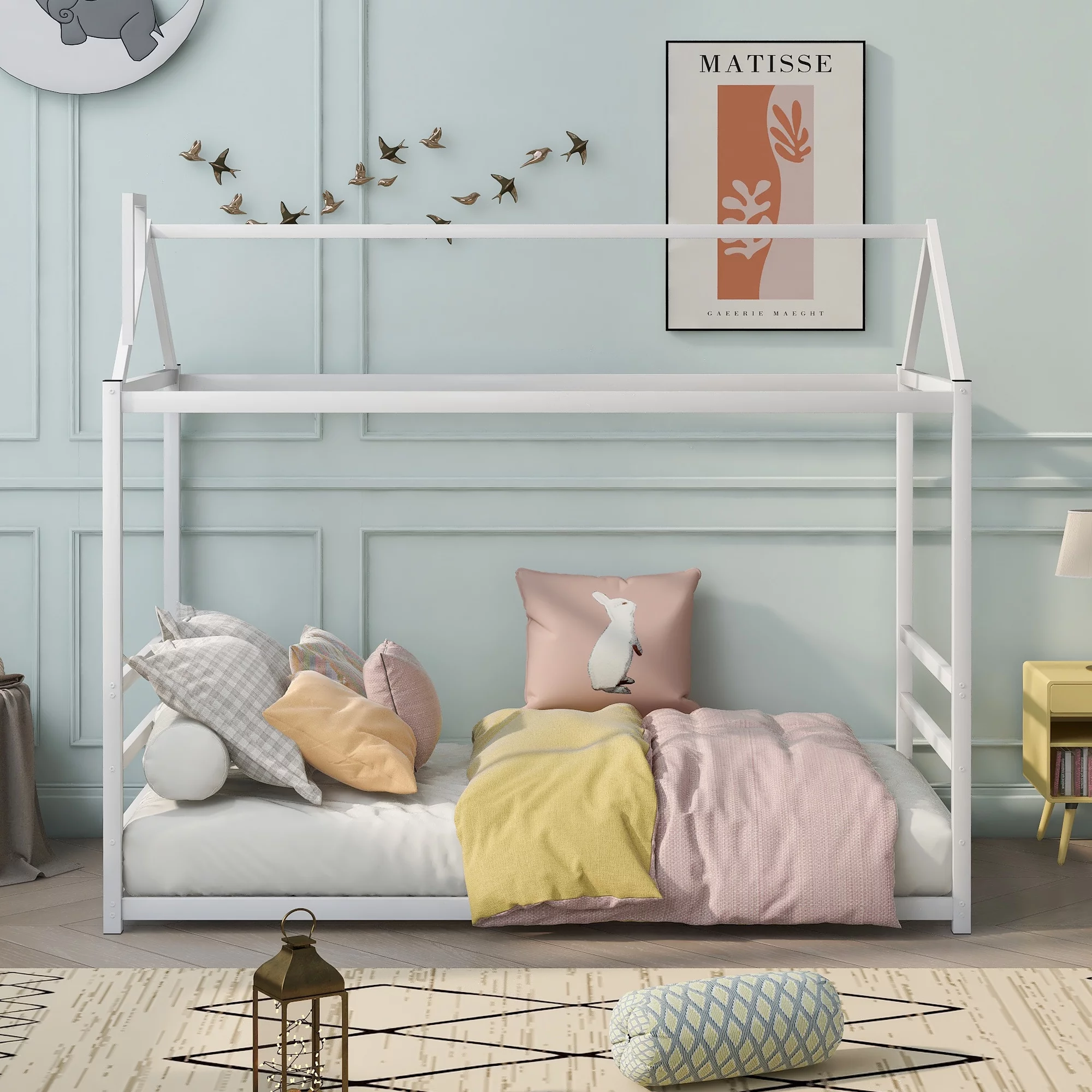 Euroco Metal Twin Size House Platform Bed with Roof and Chimney Design, Low Profile Daybed for Kids, White