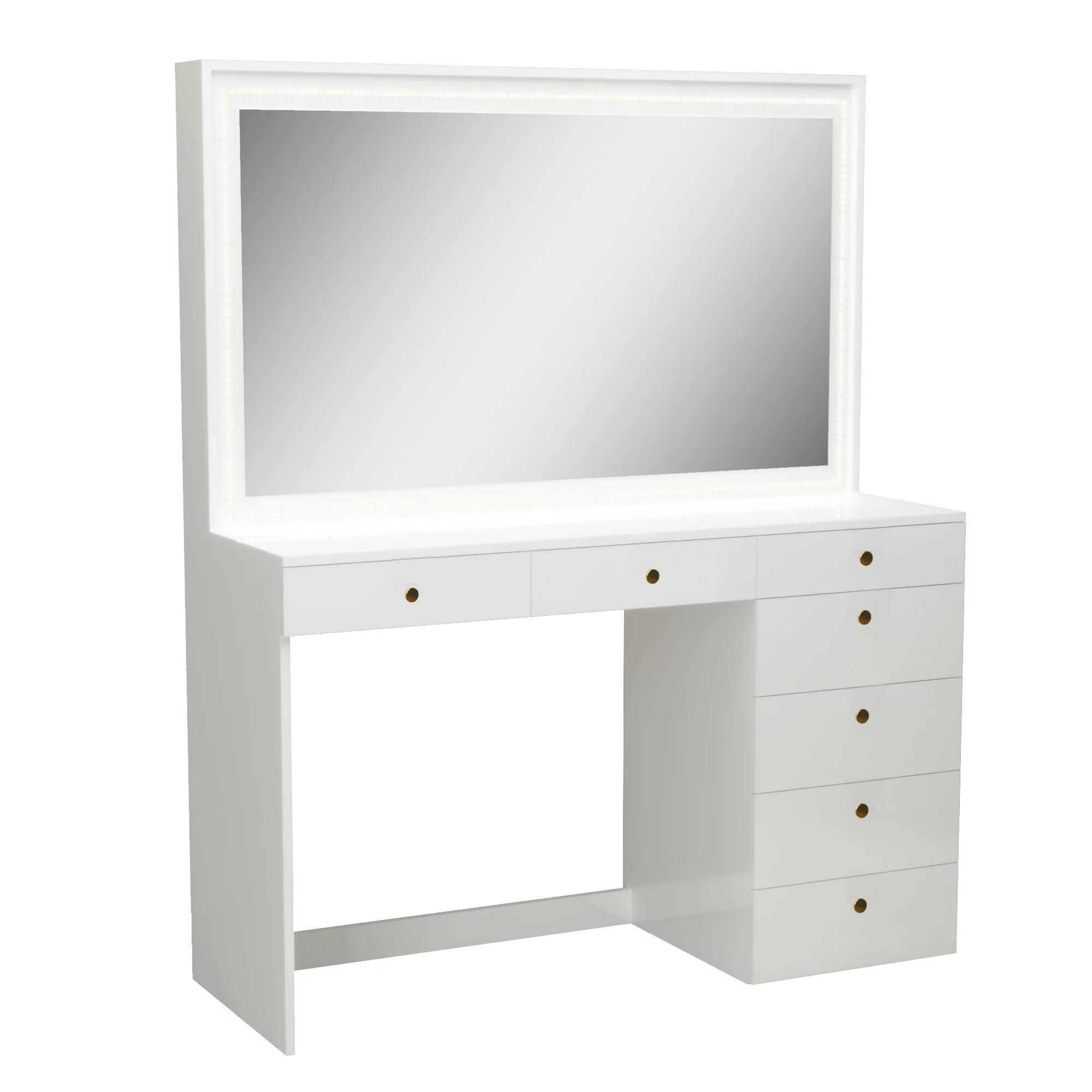Boahaus Modern White Makeup Vanity Table with LED Lights, Golden Knobs, for Bedroom