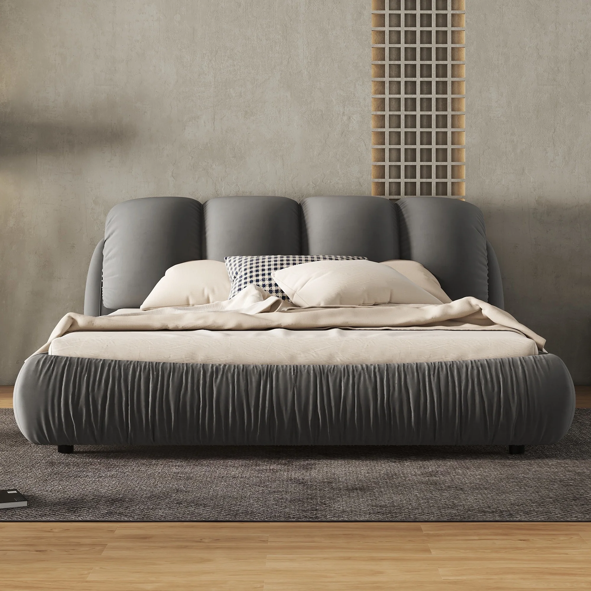 ONME Queen Size Luxury Upholstered Bed With Thick Headboard, Velvet Queen Bed with Oversized Padded Backrest, Gray