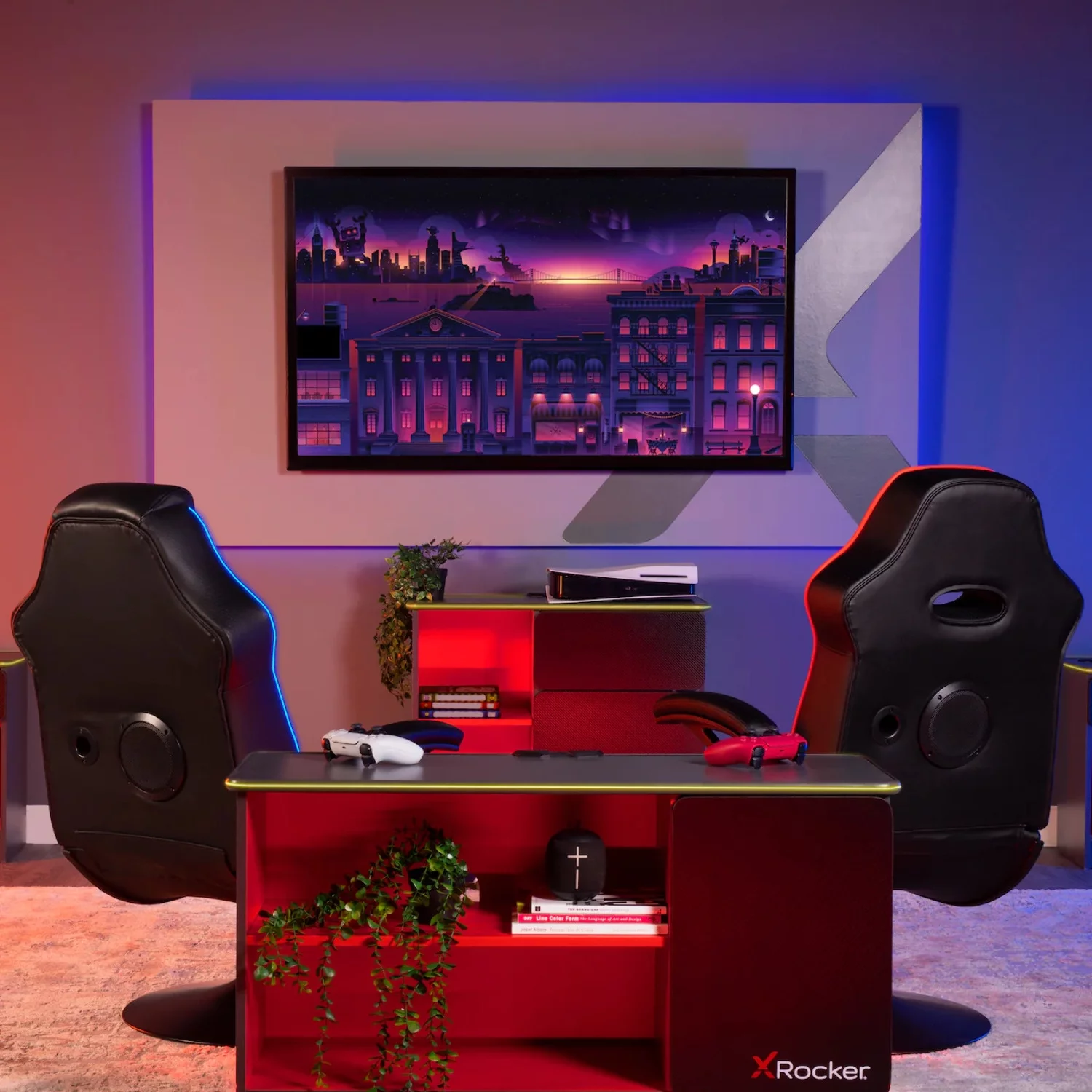 Carbon-Tek Chest of Drawers with LED, Gray/Red