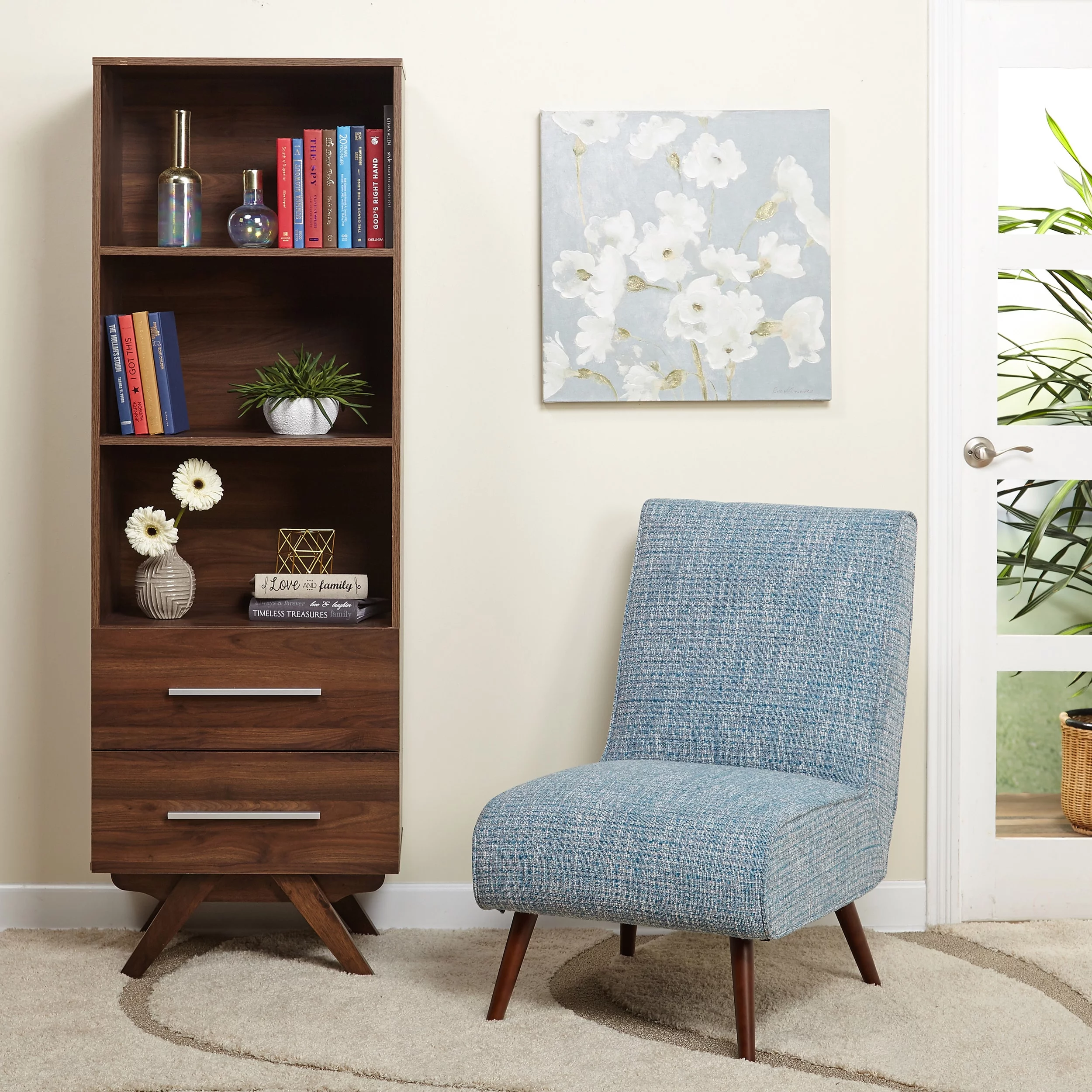 Simple Living Ashfield Mid Century Walnut finish Bookshelf Tower with Two (2) drawers