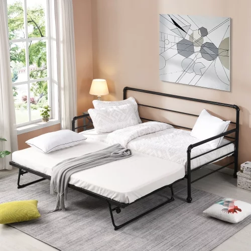 Twin Metal Daybed with Adjustable Trundle, Twin Bed Sofa Daybed with Trundle and Steel Frame, Space Saving, ,No Box Spring Needed, Twin Bed Daybed, Black