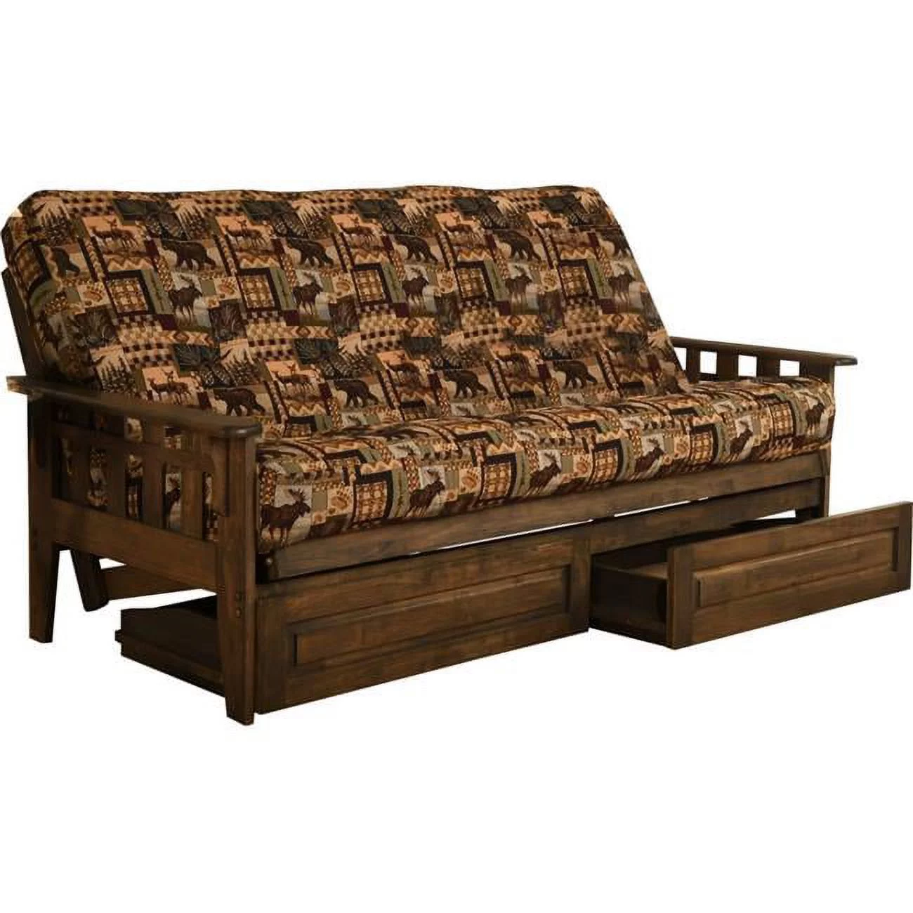 Tucson Rustic Walnut Futon Frame with Peters Cabin Mattress & Storage Drawers - Full Size