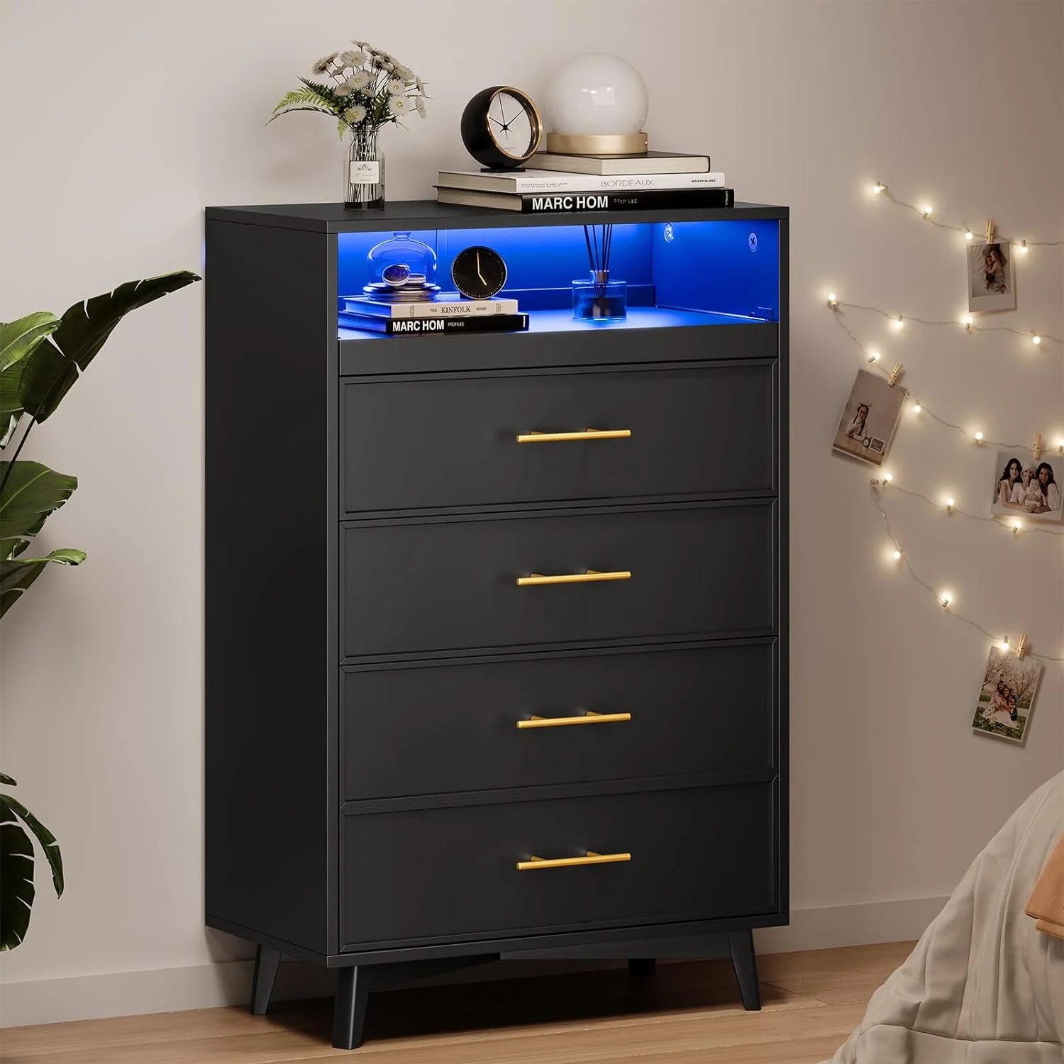 AOGLLATI 4 Drawers Dresser for Bedroom with LED Light, Dressers & Chests of Drawers, Bedroom Wood Tall Led Dresser for Living Room,Black