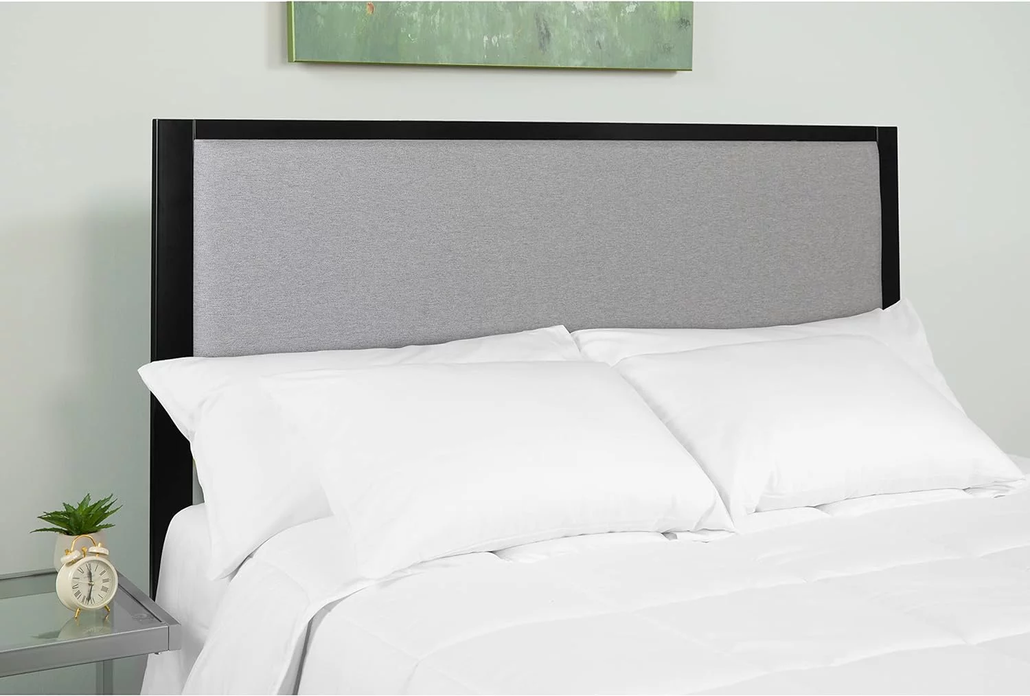 king size upholstered metal panel headboard in light gray fabric