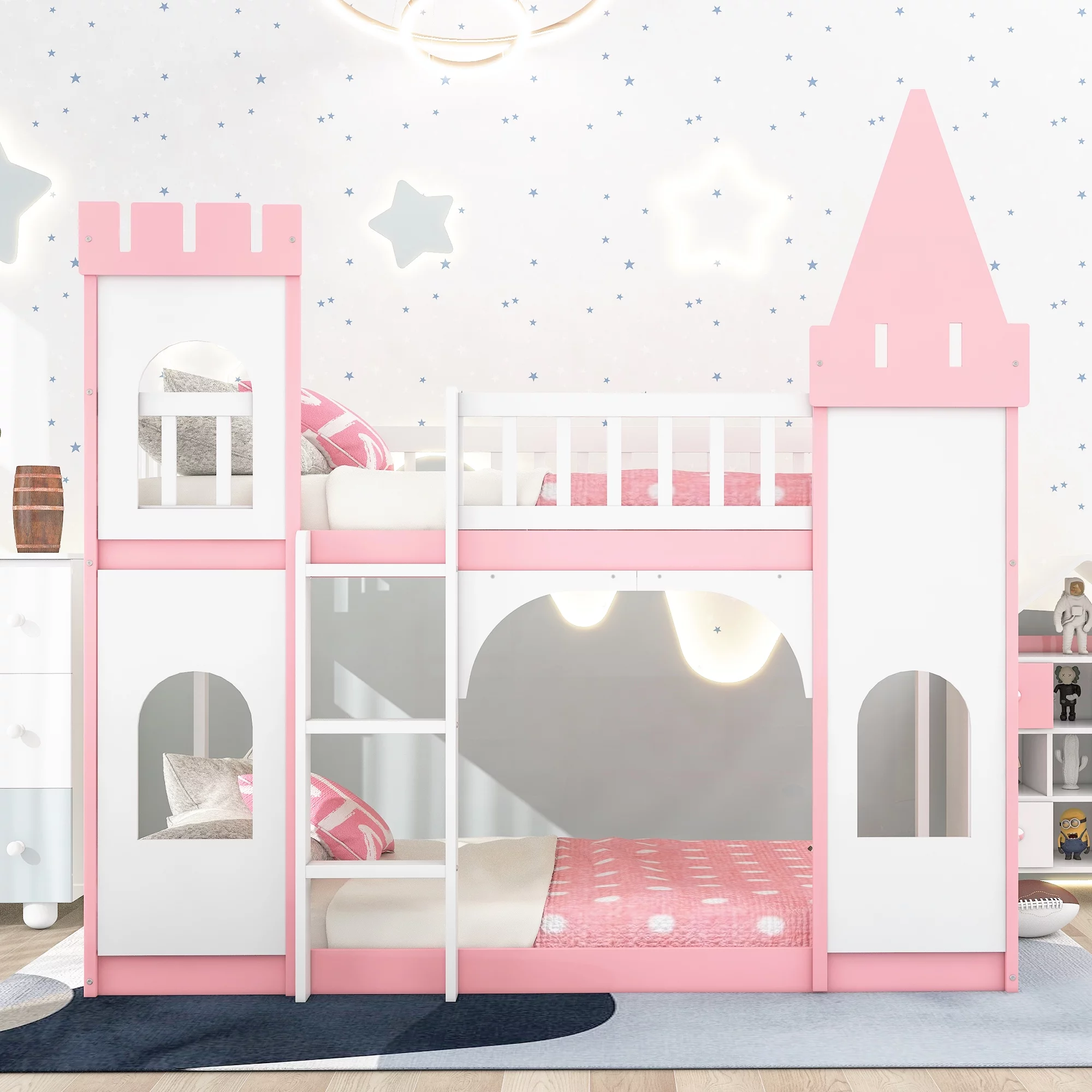 Twin Over Twin Castle Solid Wood Bunk Bed with Ladder, Reinforced Structure for Toddler Kids Teens, Space-Saving Design(Pink )