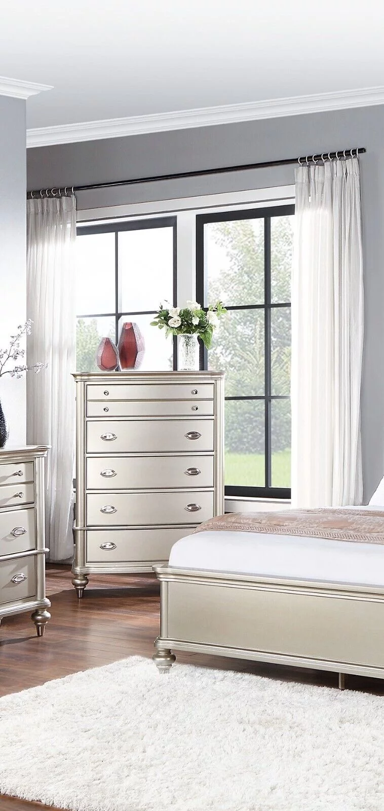 Bedroom 6pc Eastern King Size Bed Set Silver Finish Dresser Mirror Nightstands Chest Furniture Classic Elegant