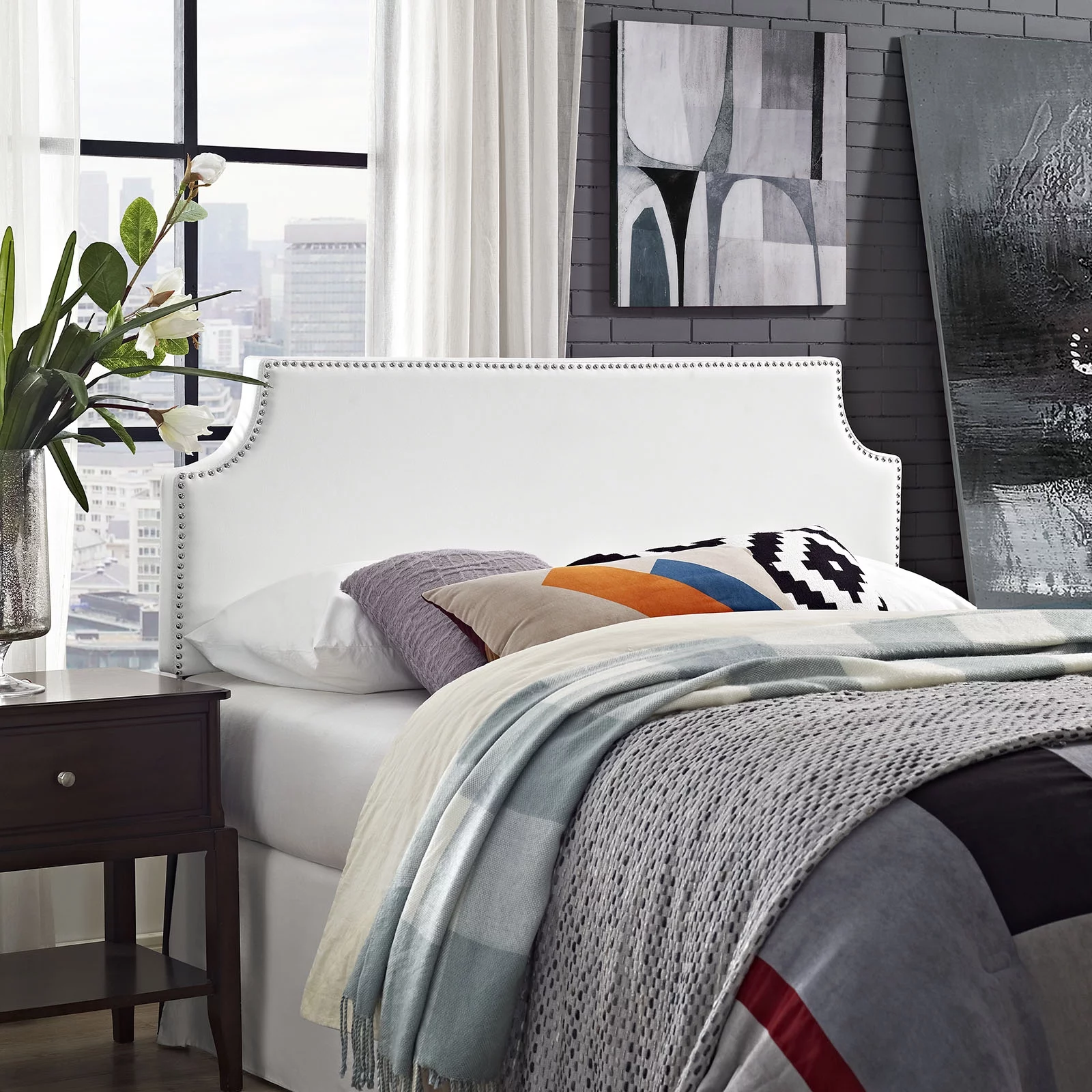 Modern Contemporary Urban Design Bedroom Queen Size Headboard, White, Faux Leather Wood