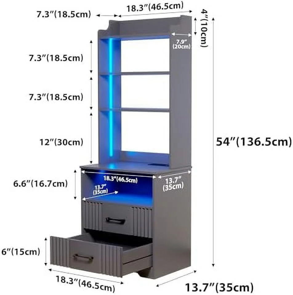 TJUNBOLIFE Nightstand   Nightstand with Charging Station and LED Lights  Smart Night Stand with Bookshelf  Modern Bedside Tables with  Cabinet for Bedroom  Human Sensor   Grey