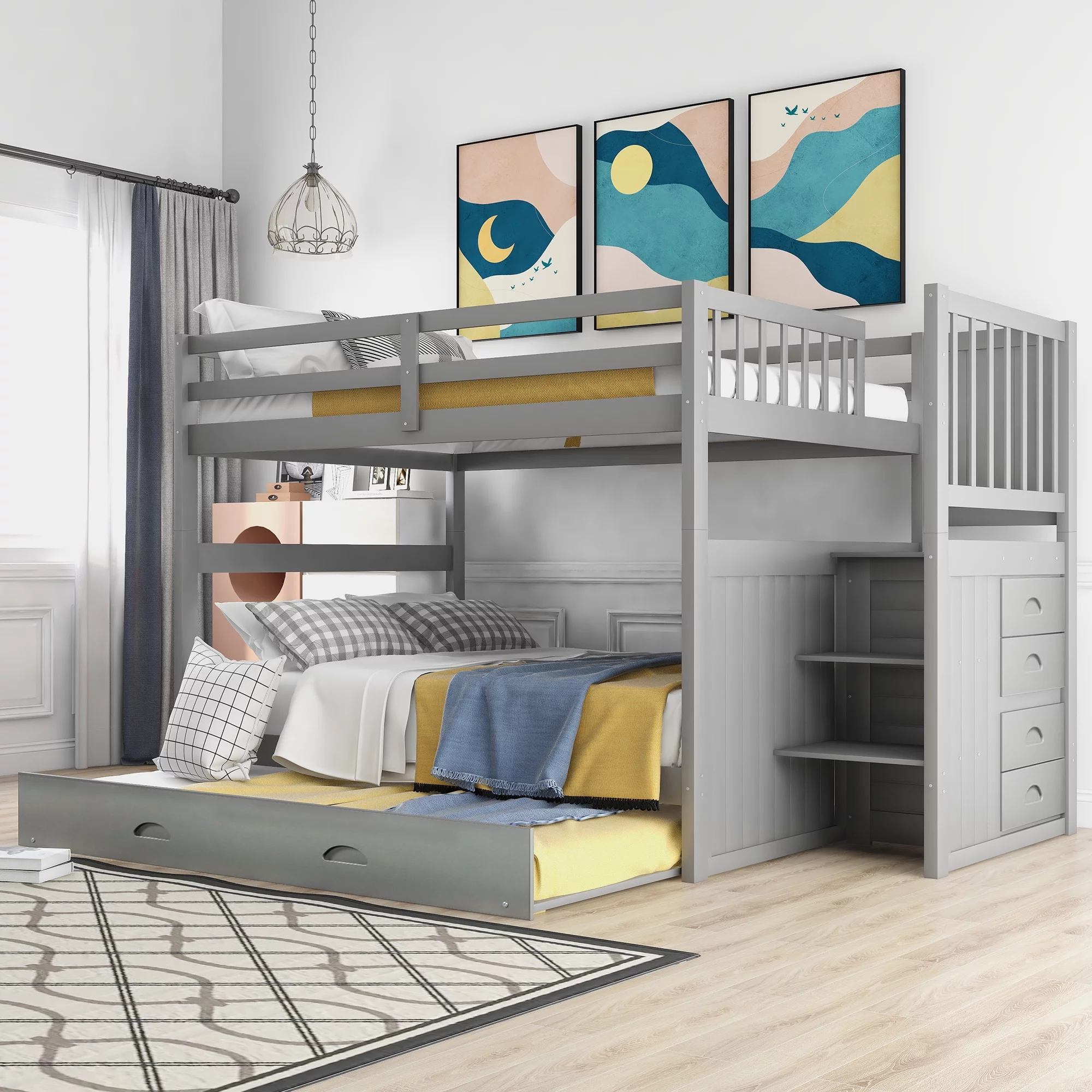 CoSoTower Full over Full Bunk Bed with Twin Size Trundle, Gray